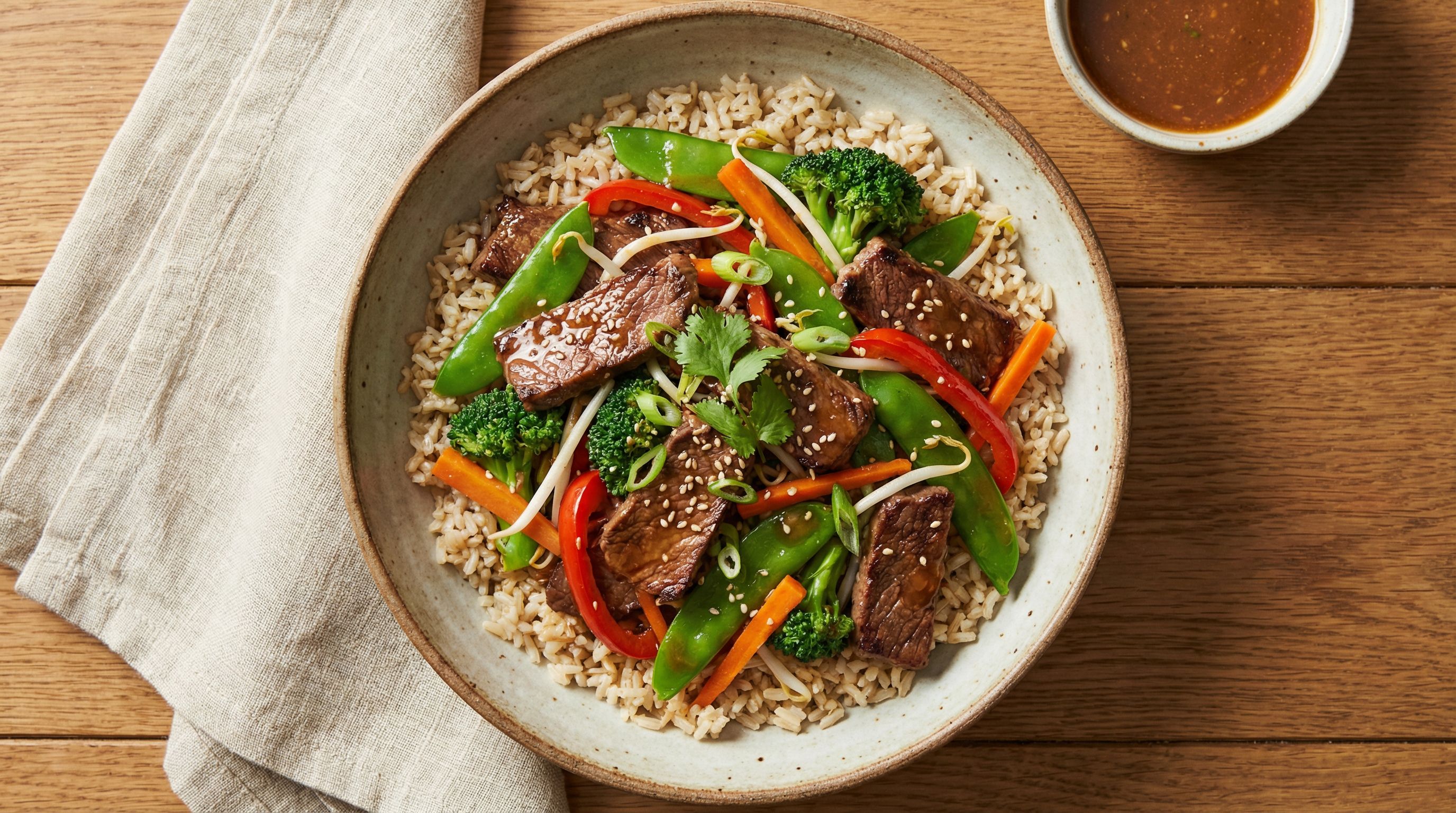 Asiatisk-inspirert biff med sprø grønnsaker og ingefær-sesam saus