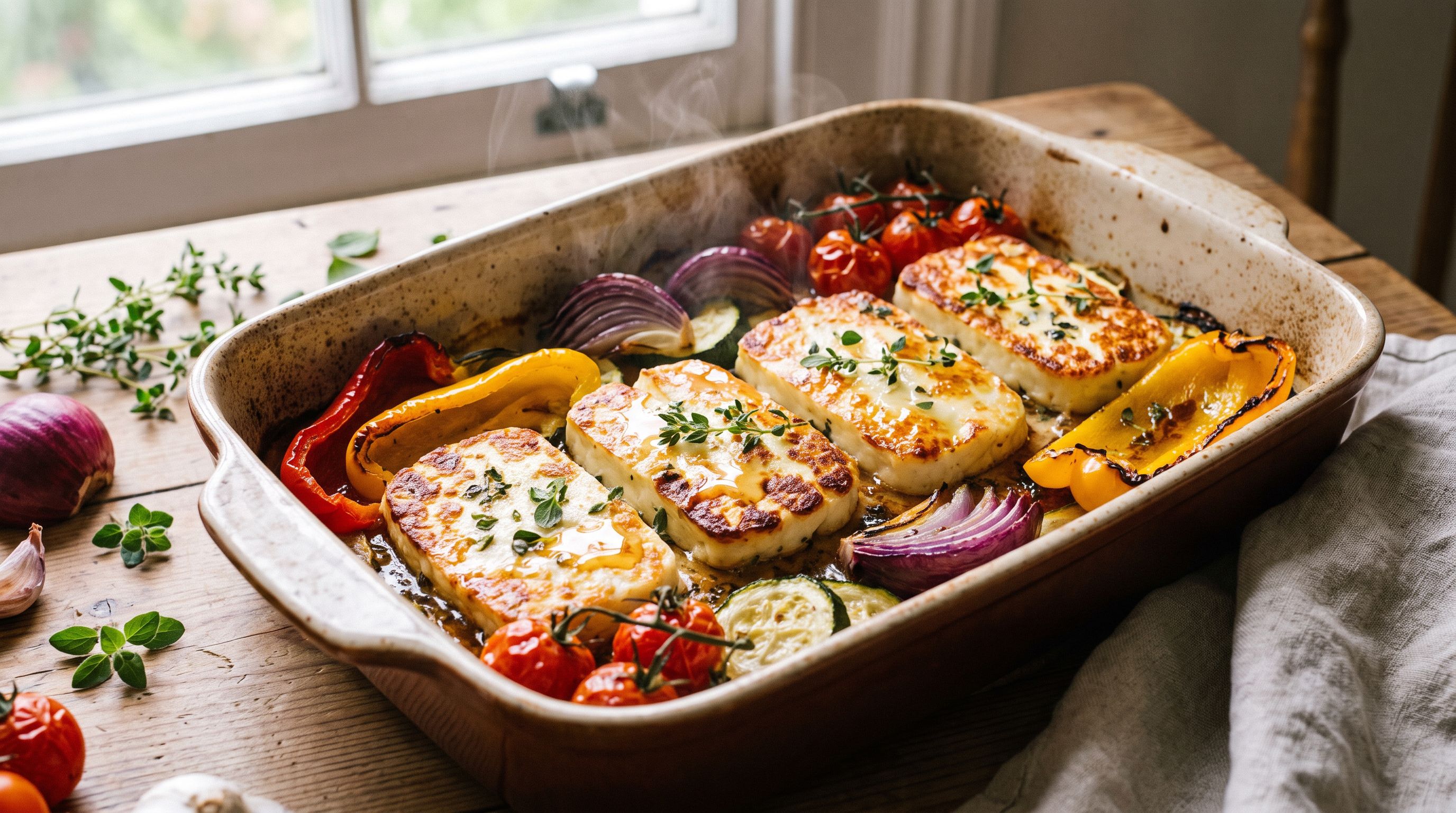 Bakt Halloumi med Honning-Timianmarinade og Ovnsbakte Grønnsaker