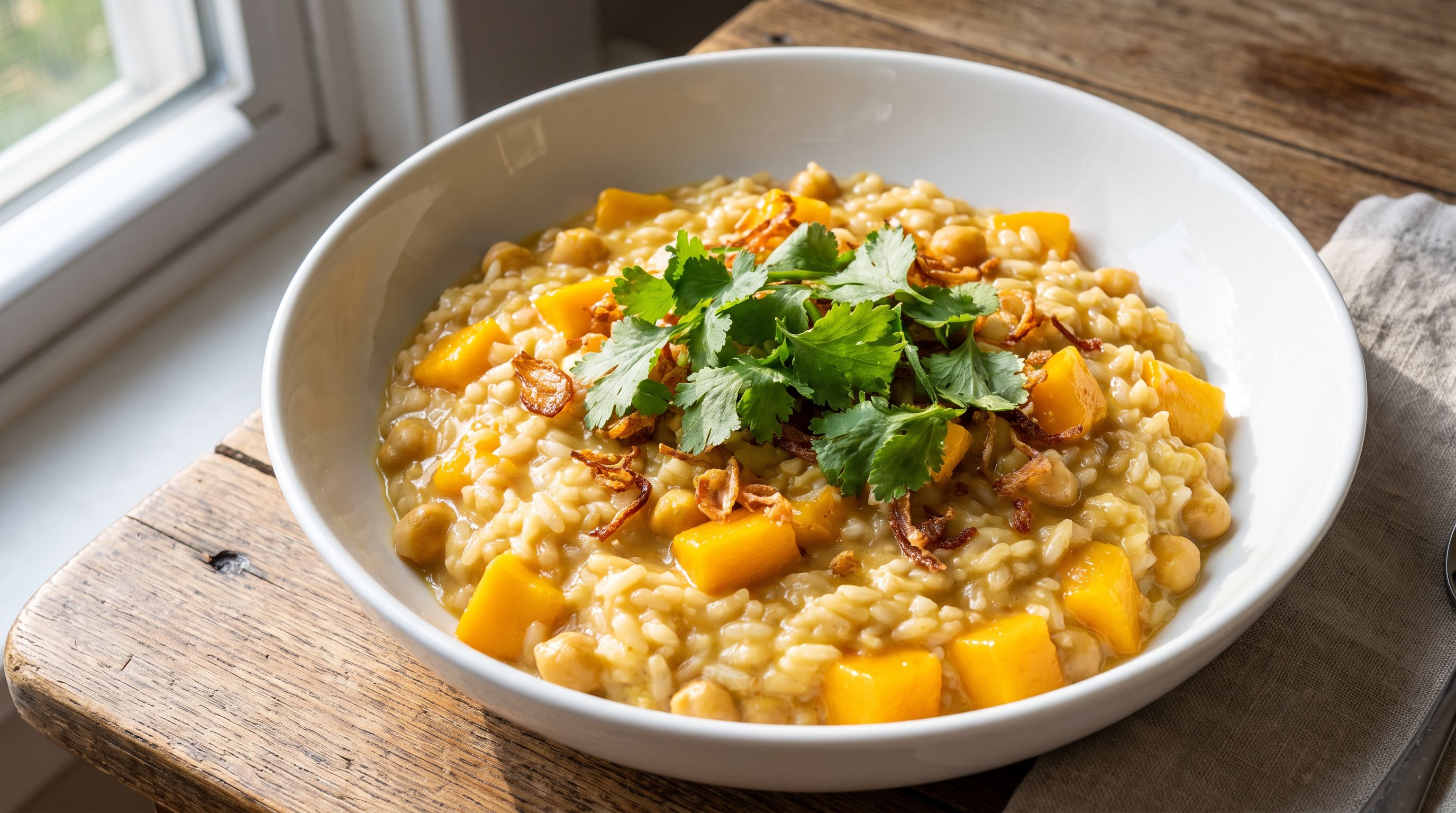 Eksotisk Mango- og Kikerterisotto med Sprø Sjalottløk
