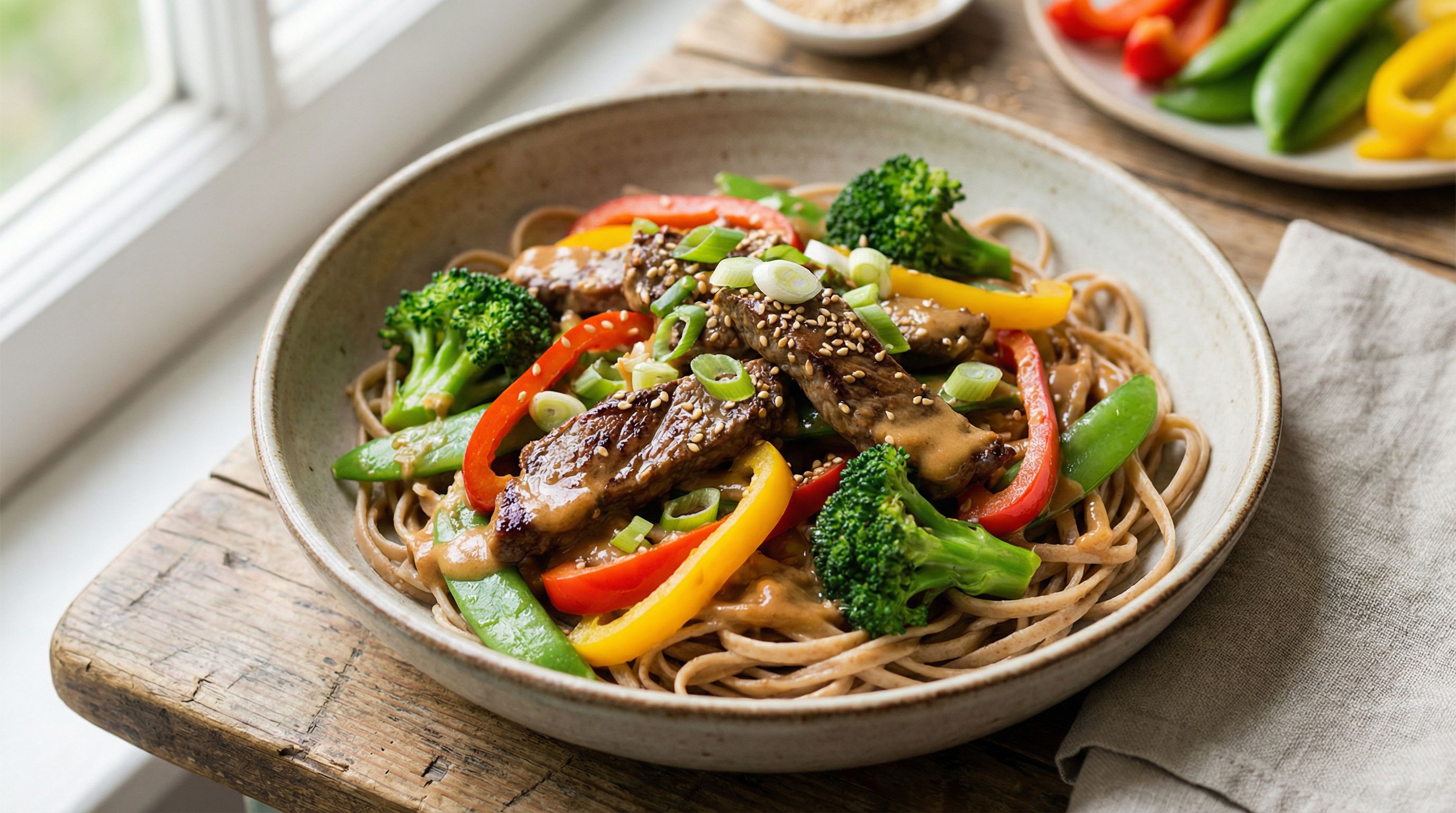 Fredags-wok med biffstrimler og peanøttsaus