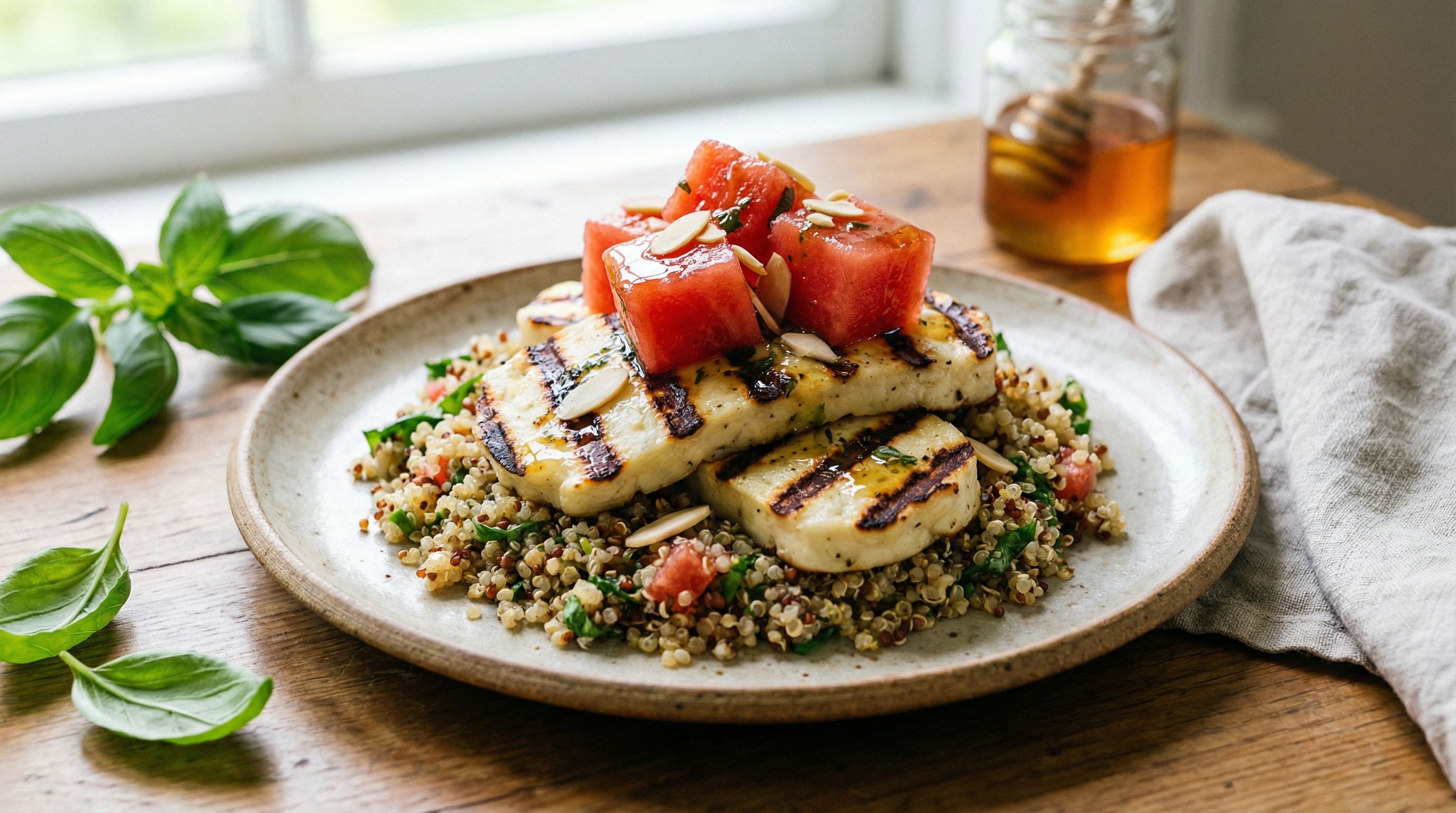 Grillet halloumi med honning- og basilikummarinert vannmelon, servert med quinoa og ristede mandler