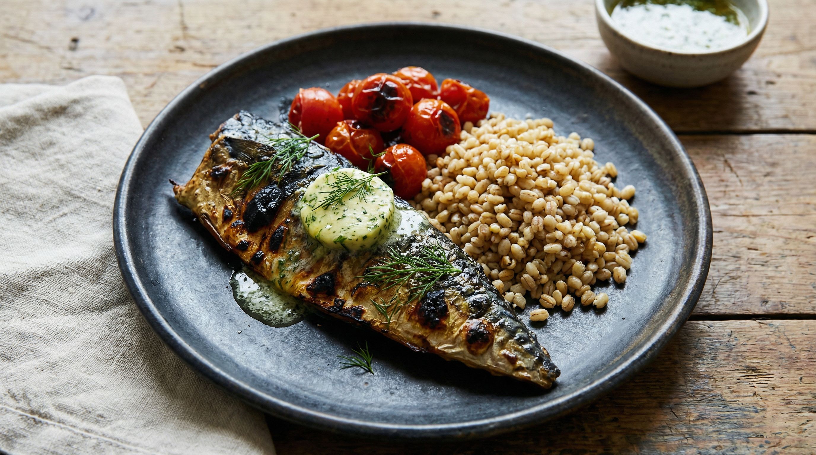 Grillet makrell med urtesmør og ristet byggryn