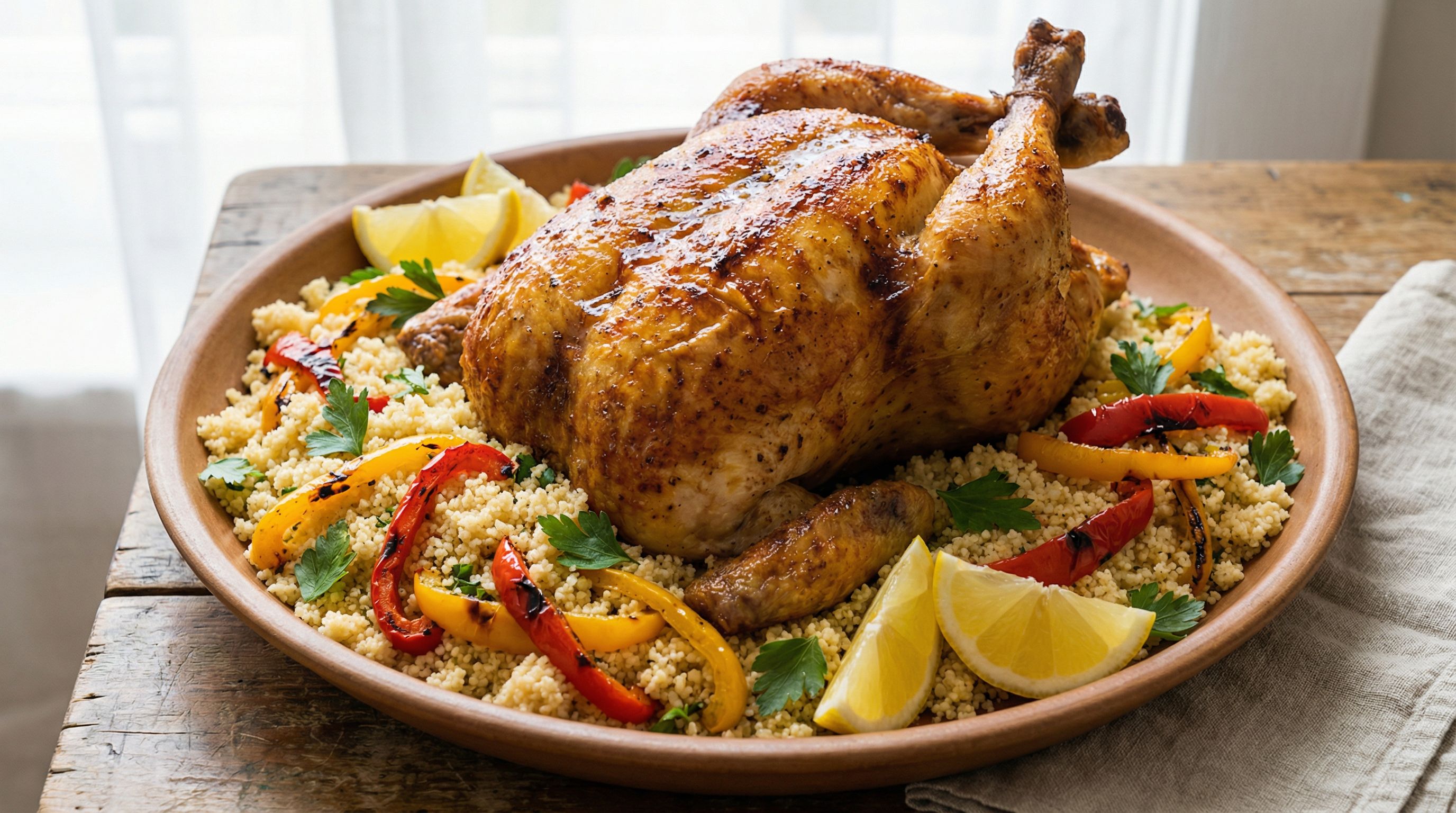 Helstekt kylling med urtemarinert couscous og grillet paprika