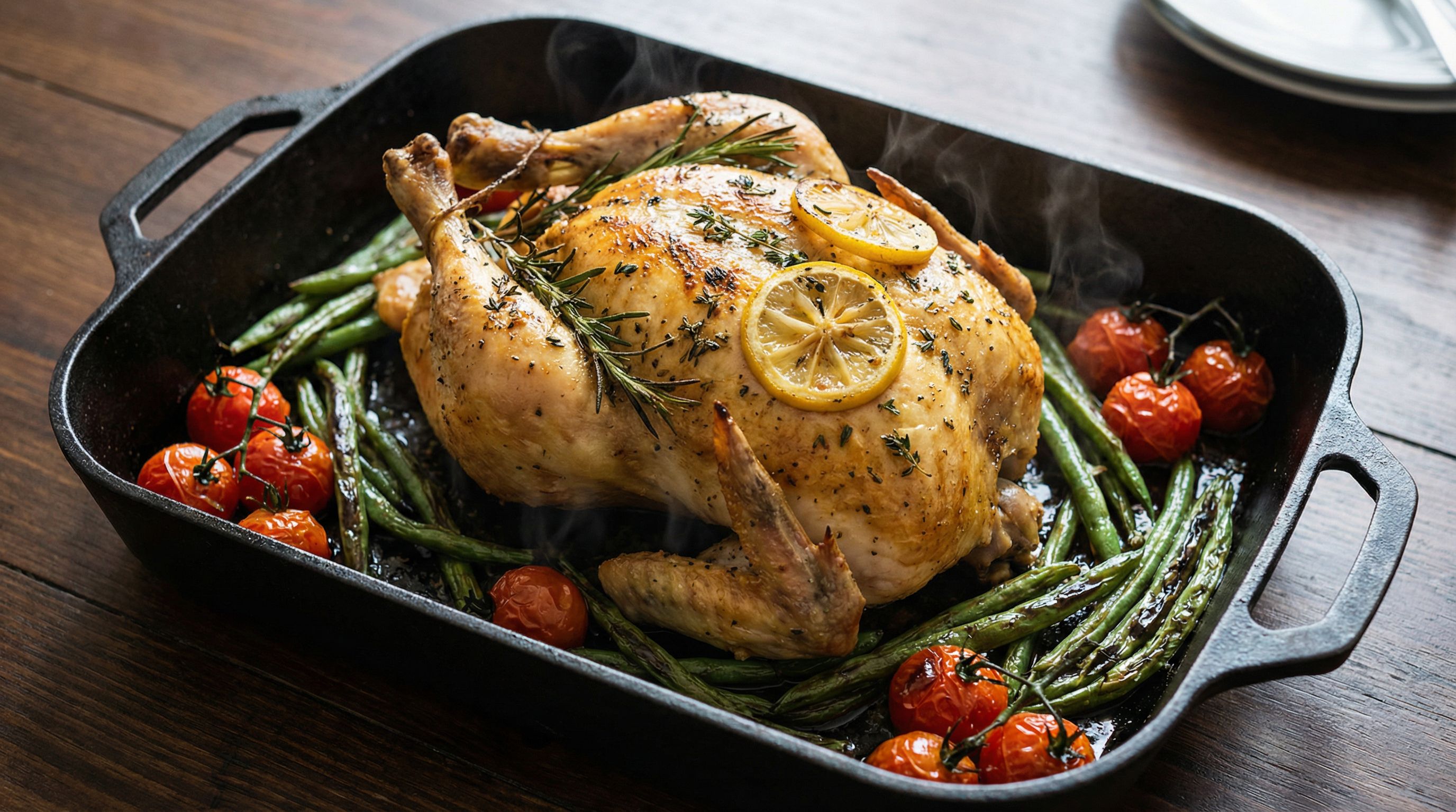 Helstekt kylling med urter og sitron, servert med ovnsbakte grønne bønner og ristede tomater
