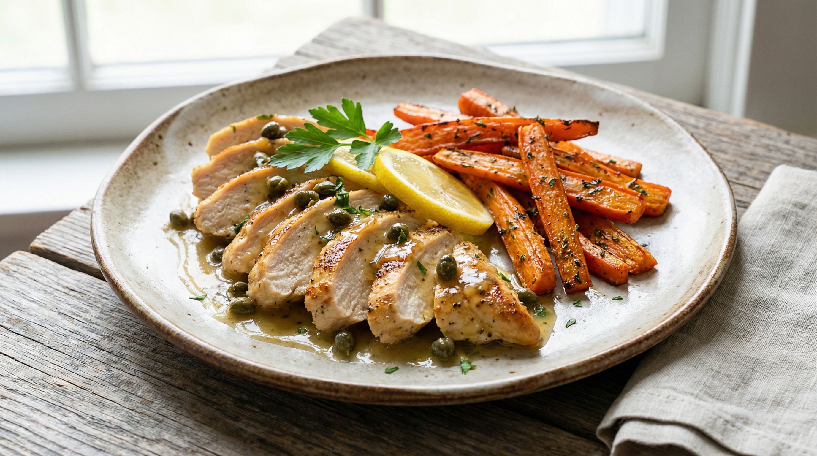 Helstekt kyllingbryst med sitron-kapers saus og ovnsbakte gulrøtter