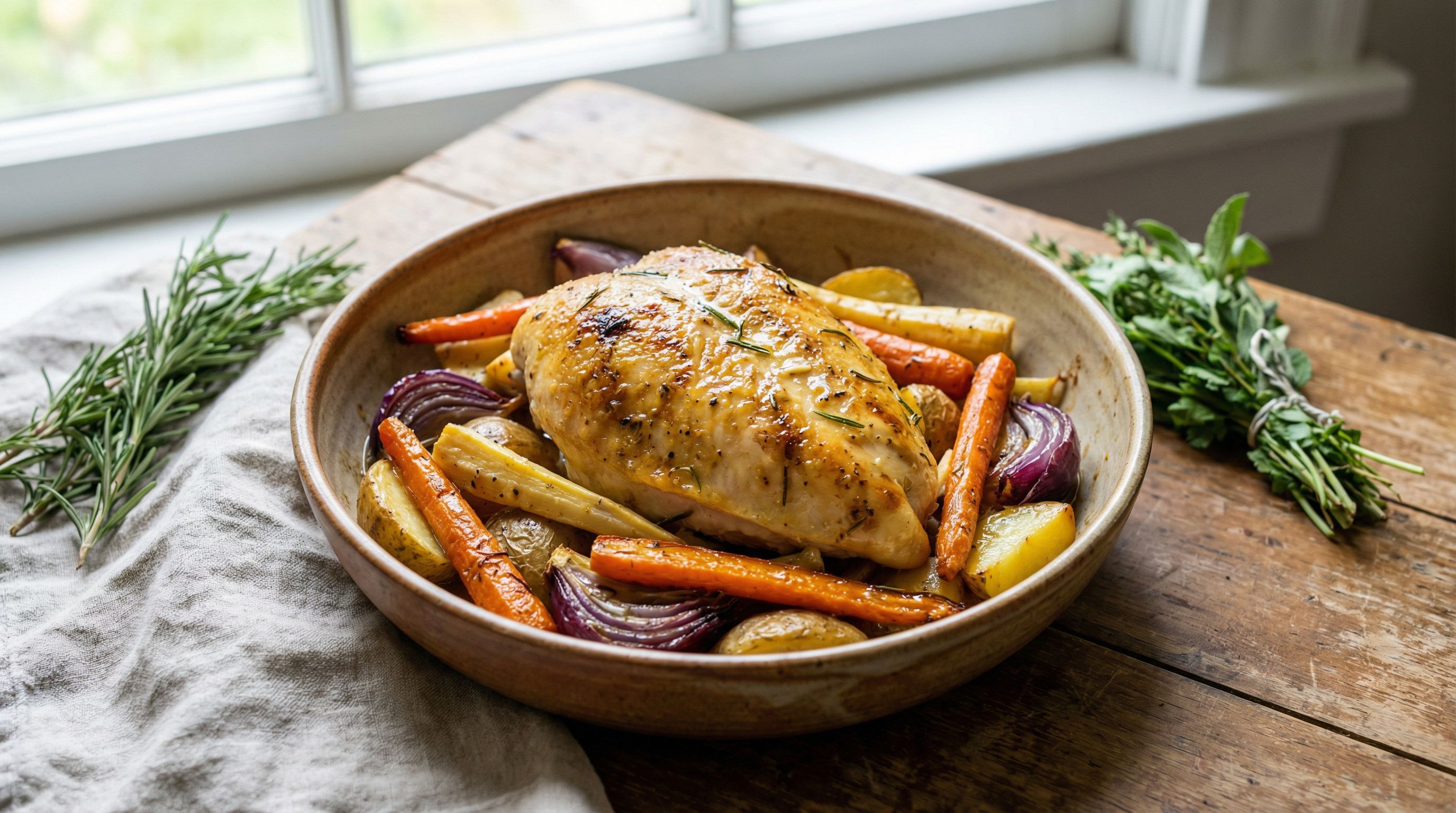 Helstekt kyllingfilet med sitron- og rosmarinsaus og ovnsbakte rotgrønnsaker