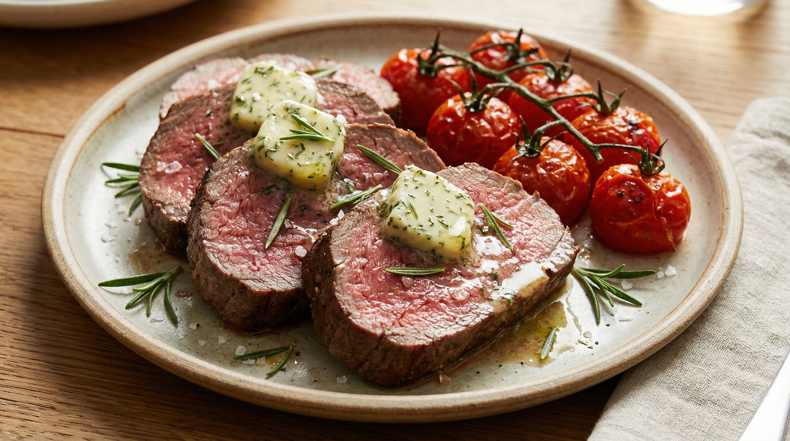 Helstekt mørbrad med rosmarinsmør og ovnsbakte cherrytomater