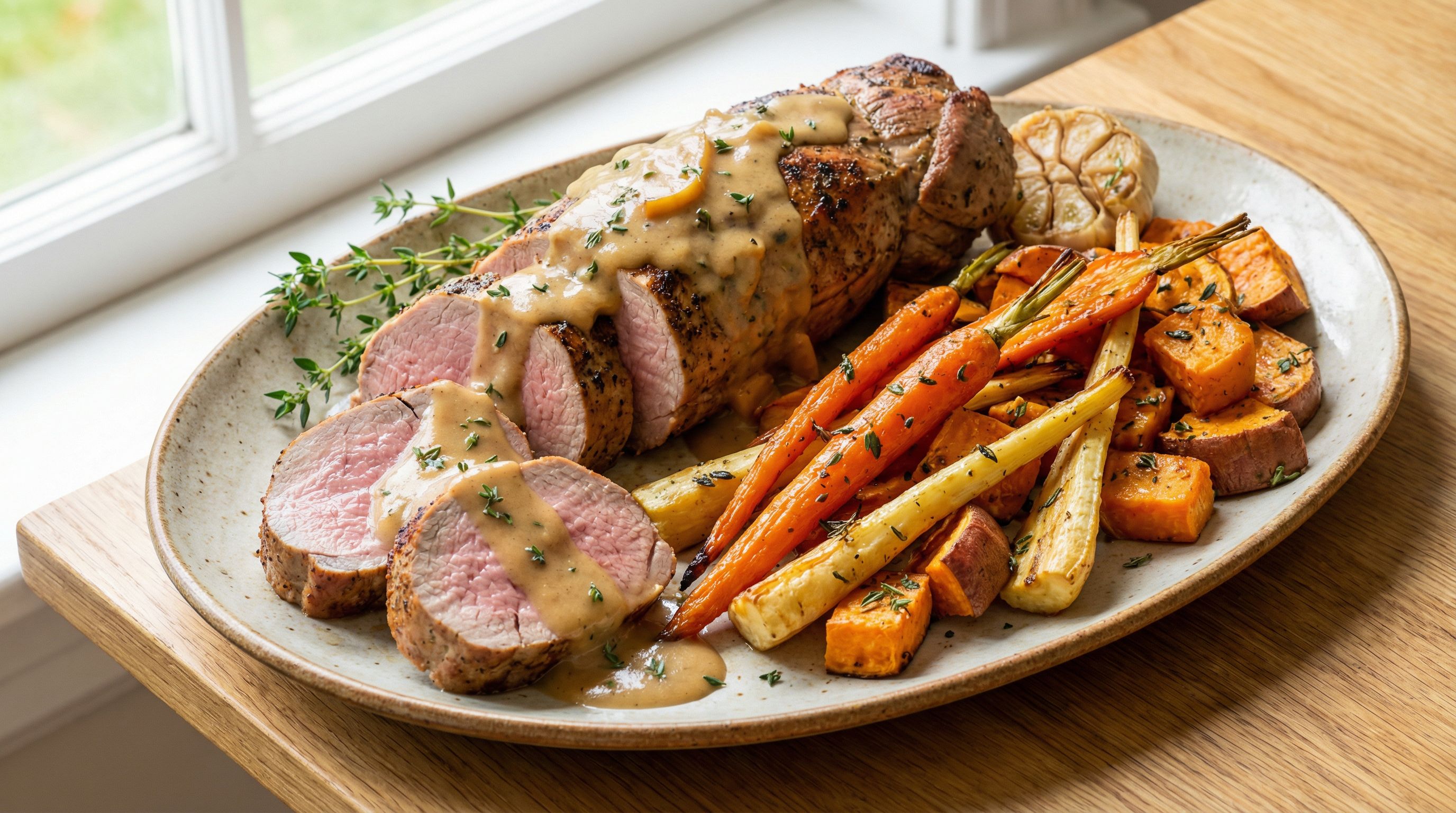 Helstekt Svinefilet med Eple- og Timiankrem, servert med Røstede Rotgrønnsaker