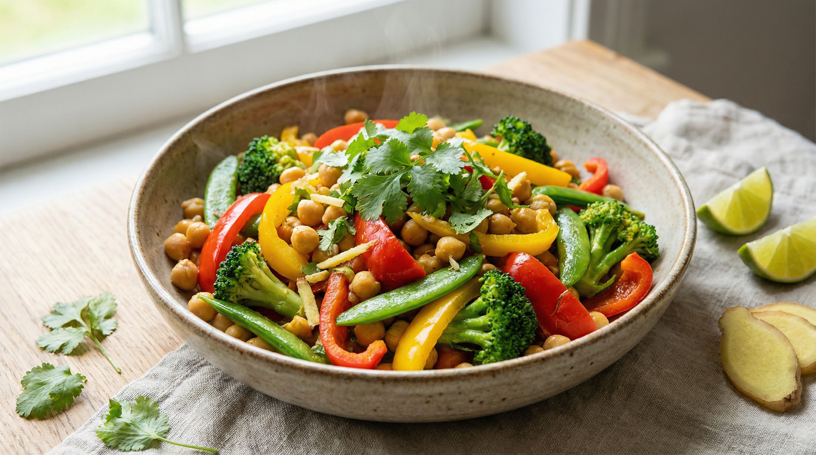 Kikert- og grønnsakswok med ingefær og lime