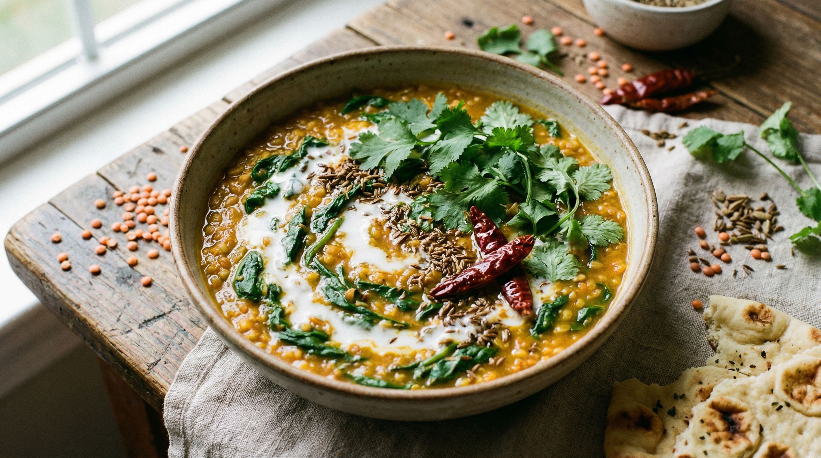 Kjappe indiske linsedhal med spinat og kokosmelk