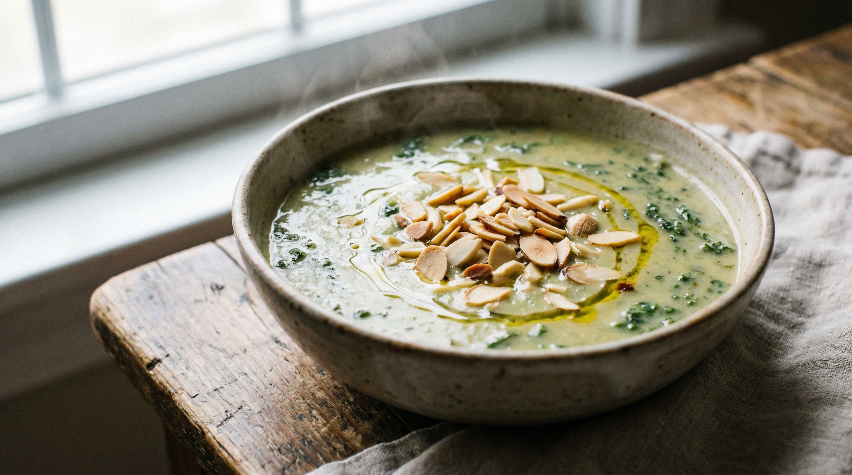 Kremet grønnkålsuppe med sprøstekte mandler