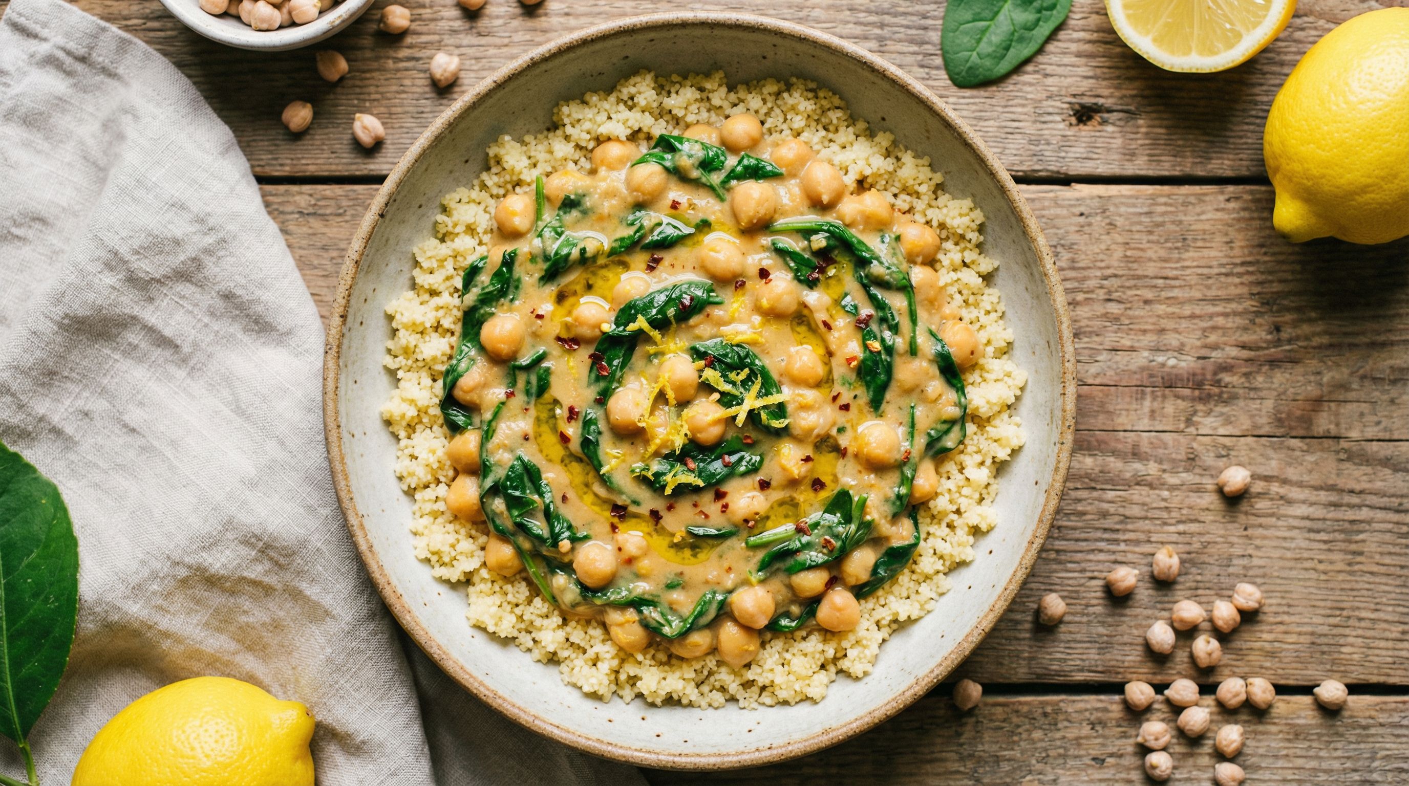 Kremet kikerter og spinat med sitron og couscous