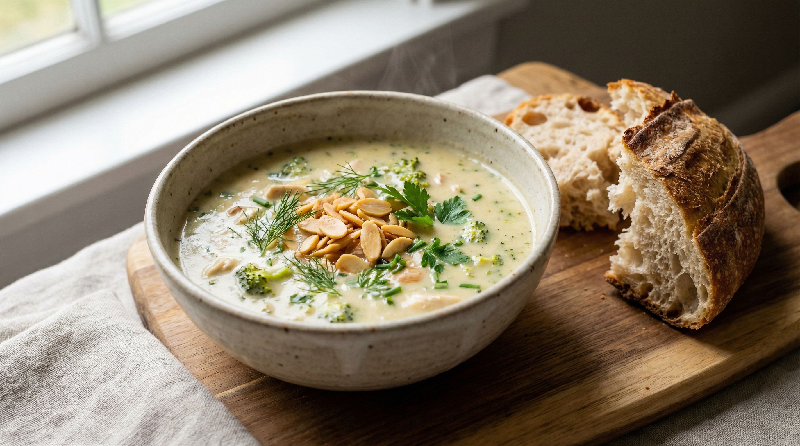 Kremet kylling og brokkolisuppe med ristede mandler