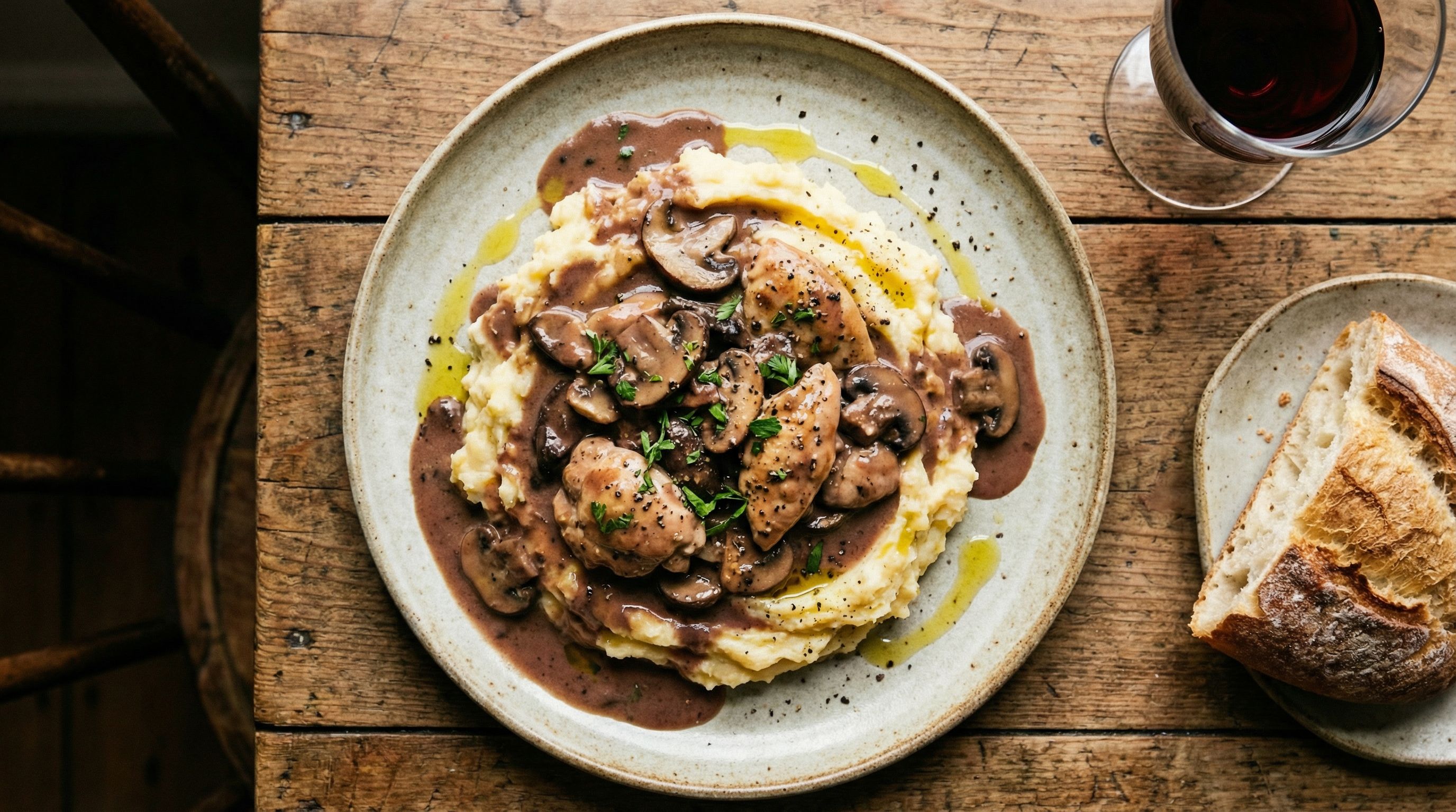 Kremet kylling og sopp i portvinssaus med rotmos