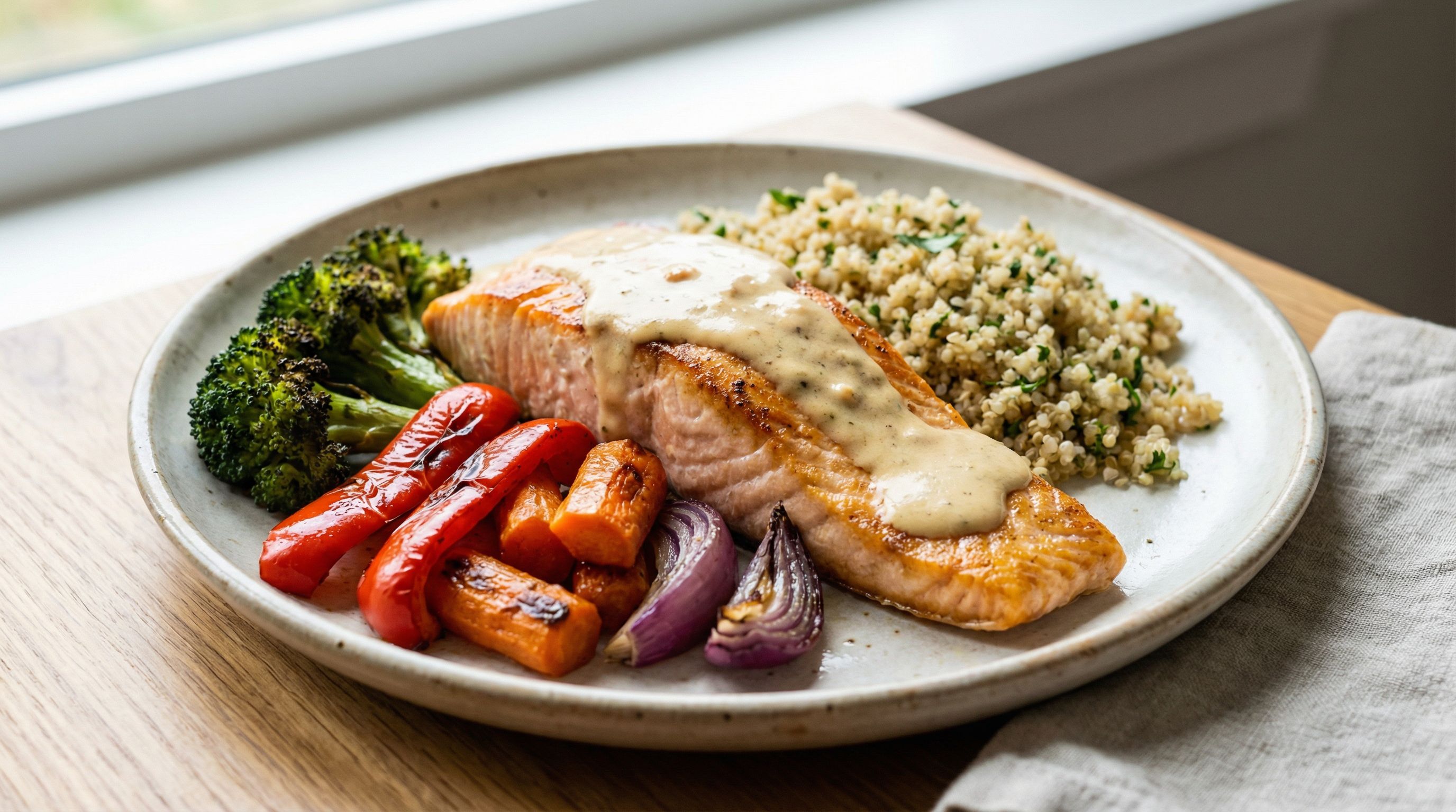 Kremet laks med ovnsbakte grønnsaker og quinoa