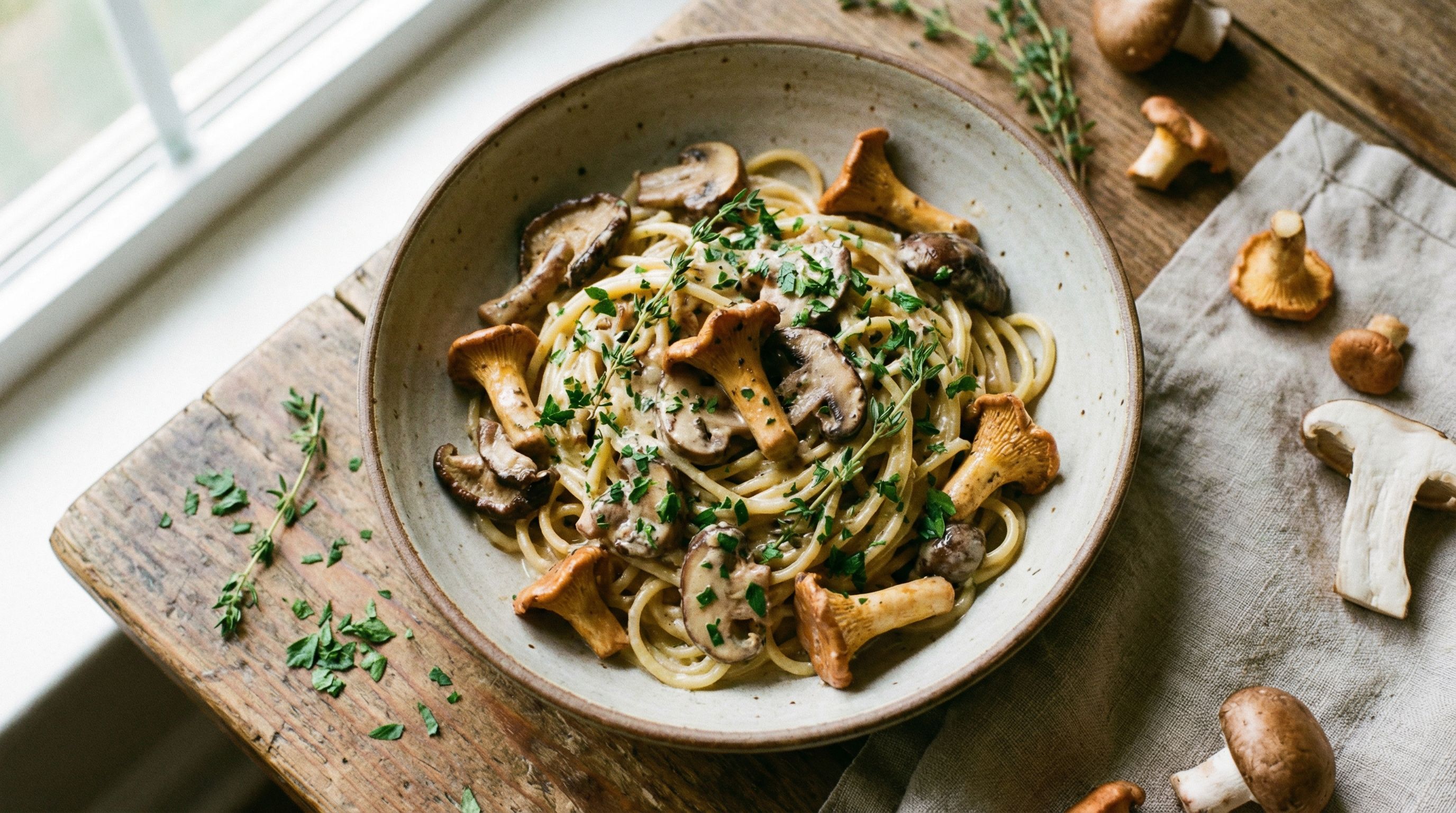 Kremet pasta med sopp og timian