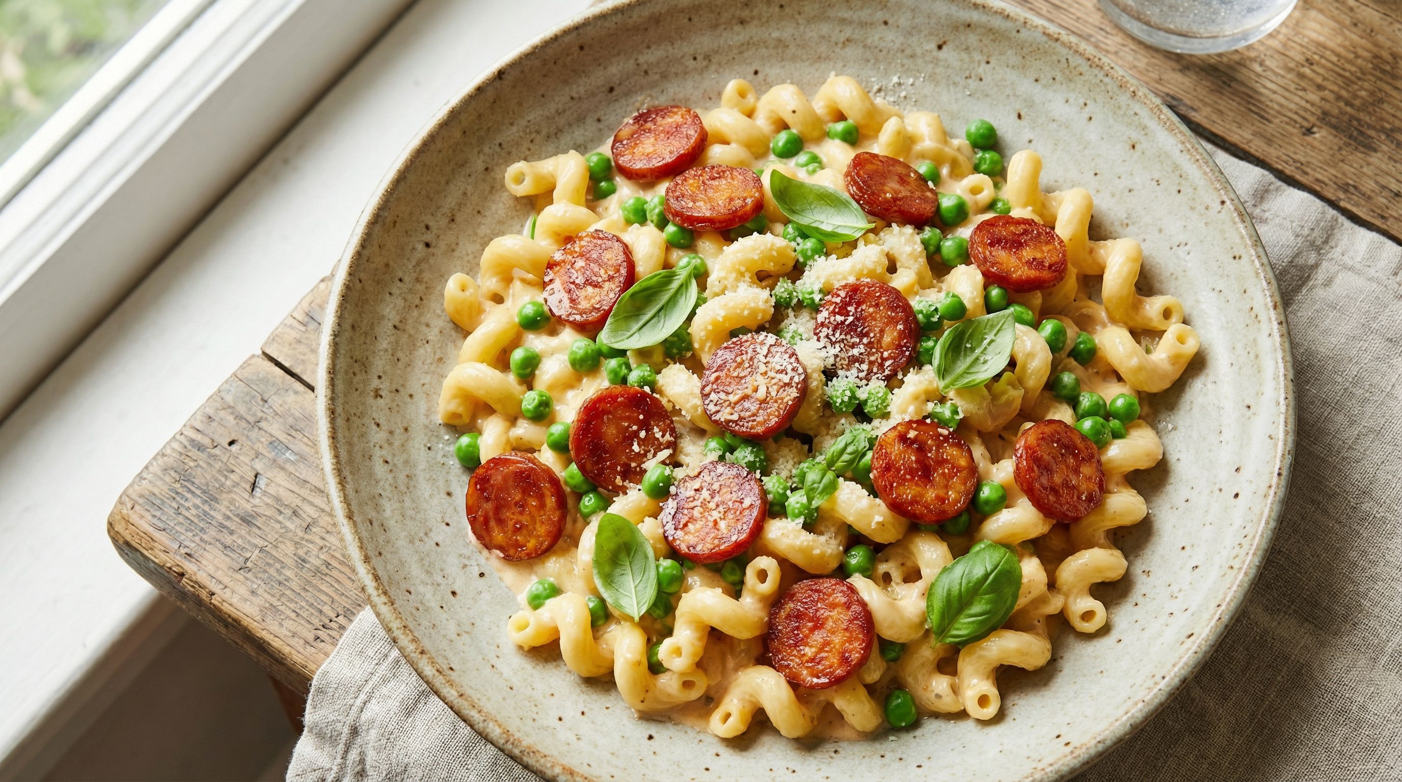 Kremet pasta med stekt chorizo og grønne erter