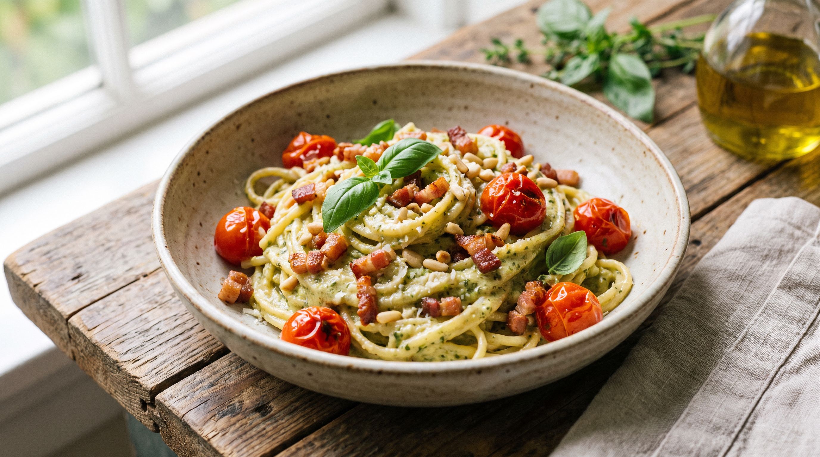 Kremet Pesto-Pasta med Sprø Pancetta og Cherrytomater