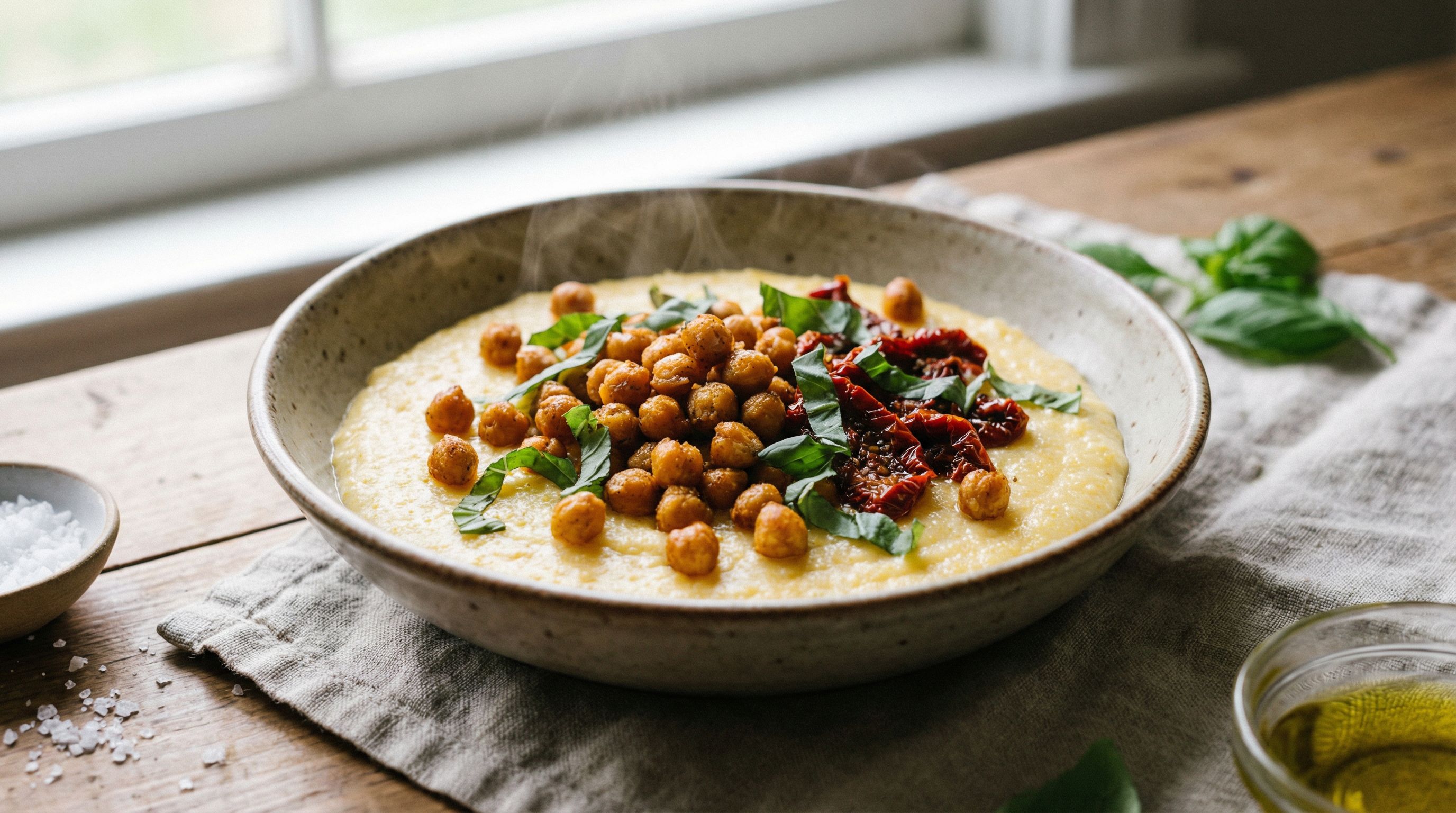 Kremet polenta med stekte kikerter og soltørkede tomater