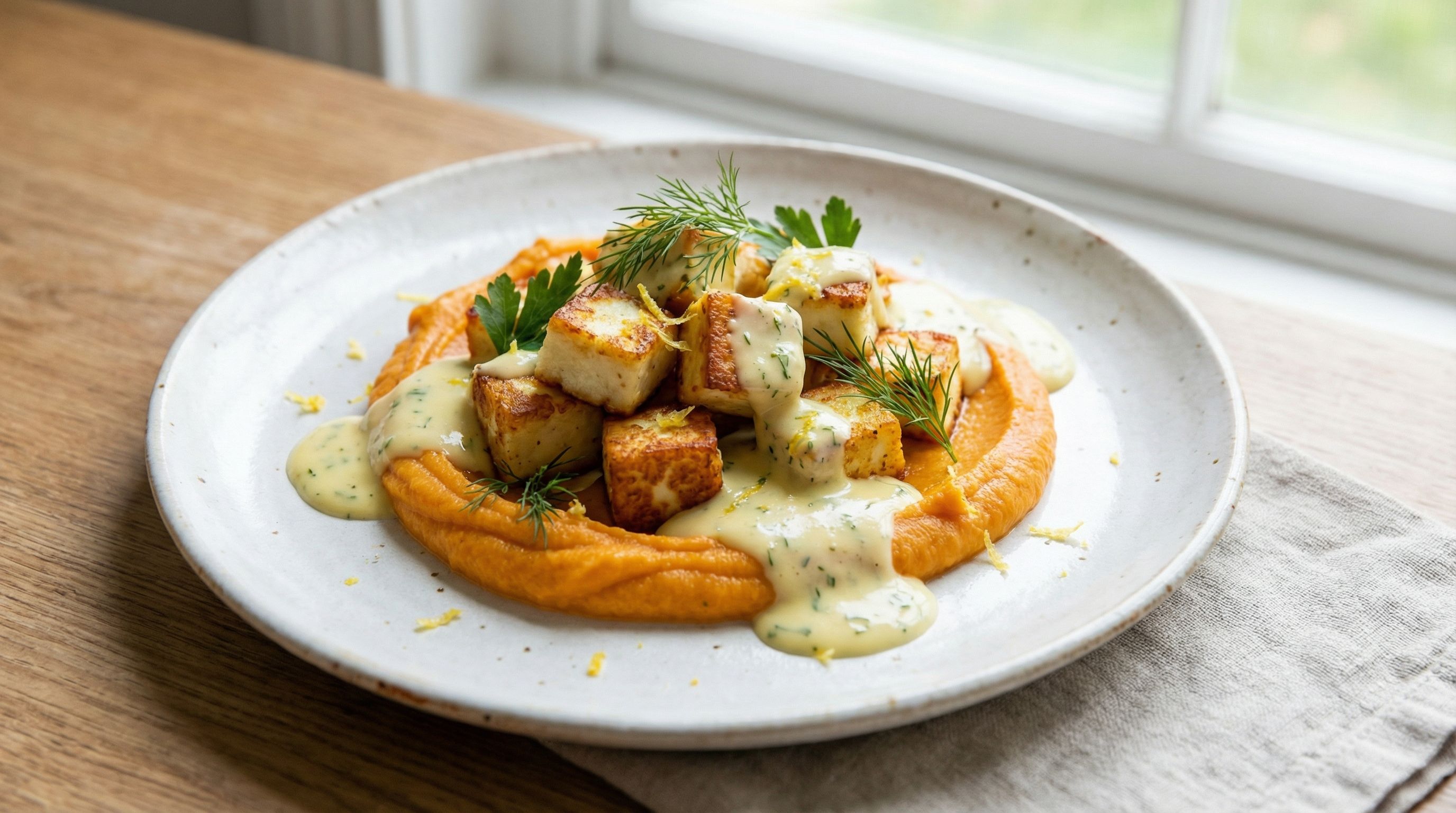 Kremet sitron- og urtekrem med søtpotetpuré og sprøstekt halloumi