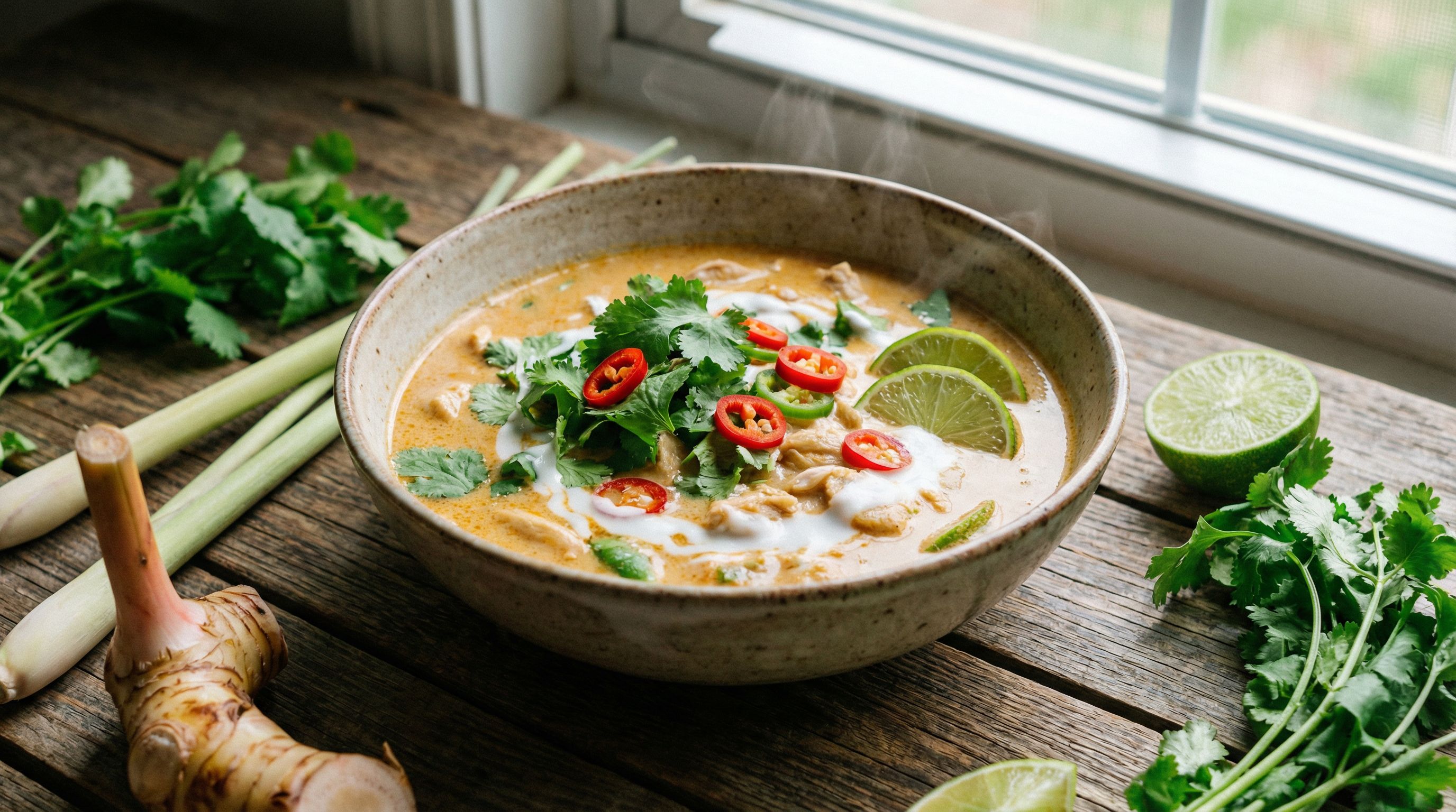 Kremet Thai-inspirert Kyllingsuppe med Kokosmelk og Grønnsaker