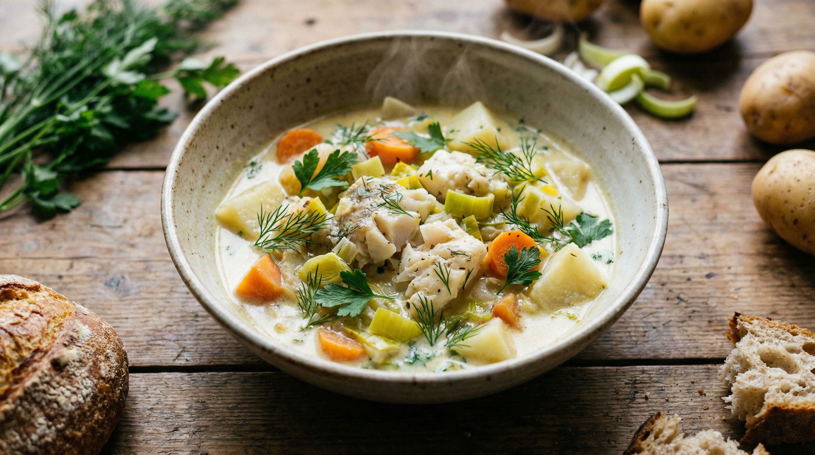 Kremet torskegryte med grønnsaker og urter