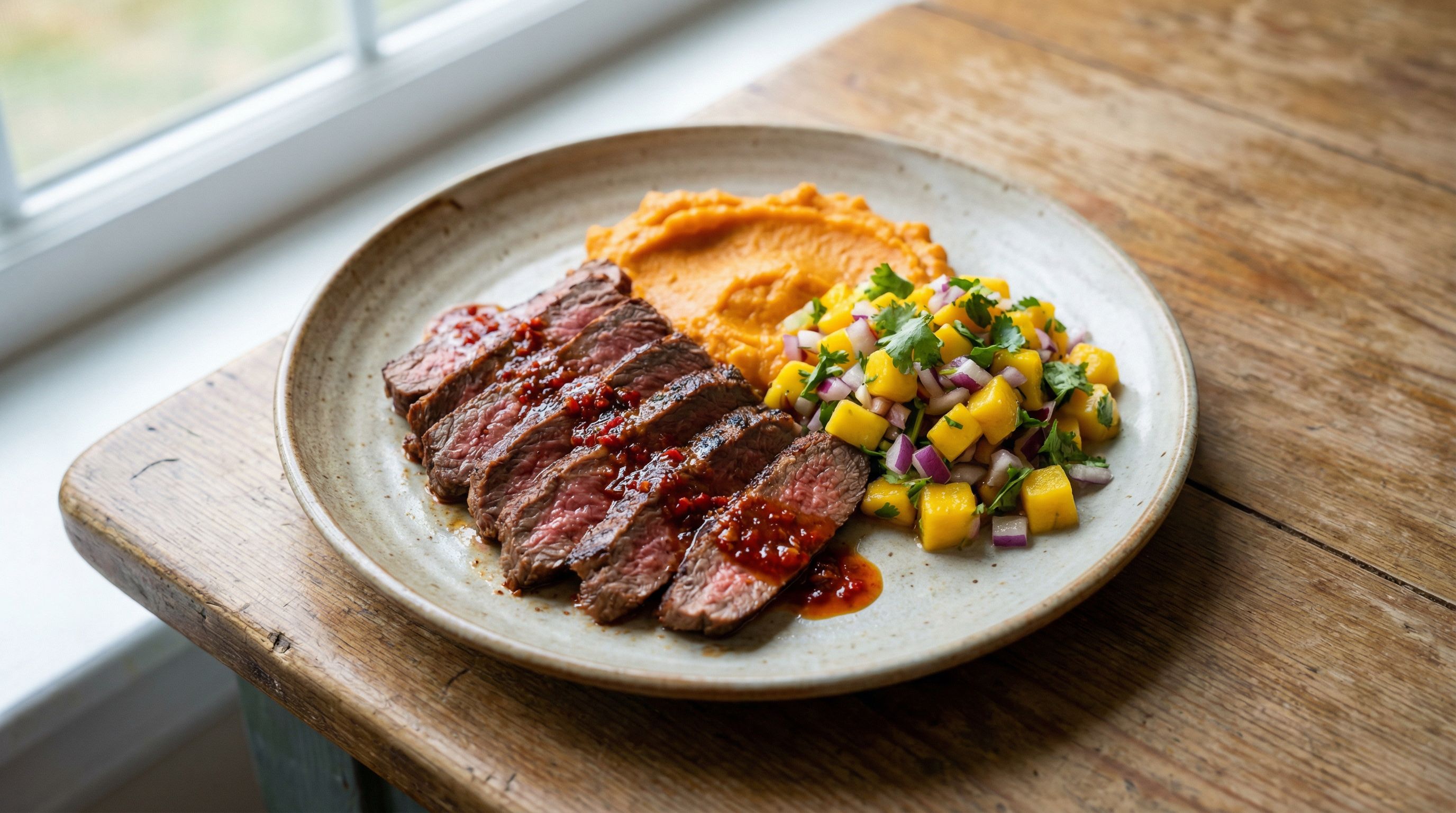 Krydret biff med søtpotetmos og mangosalsa