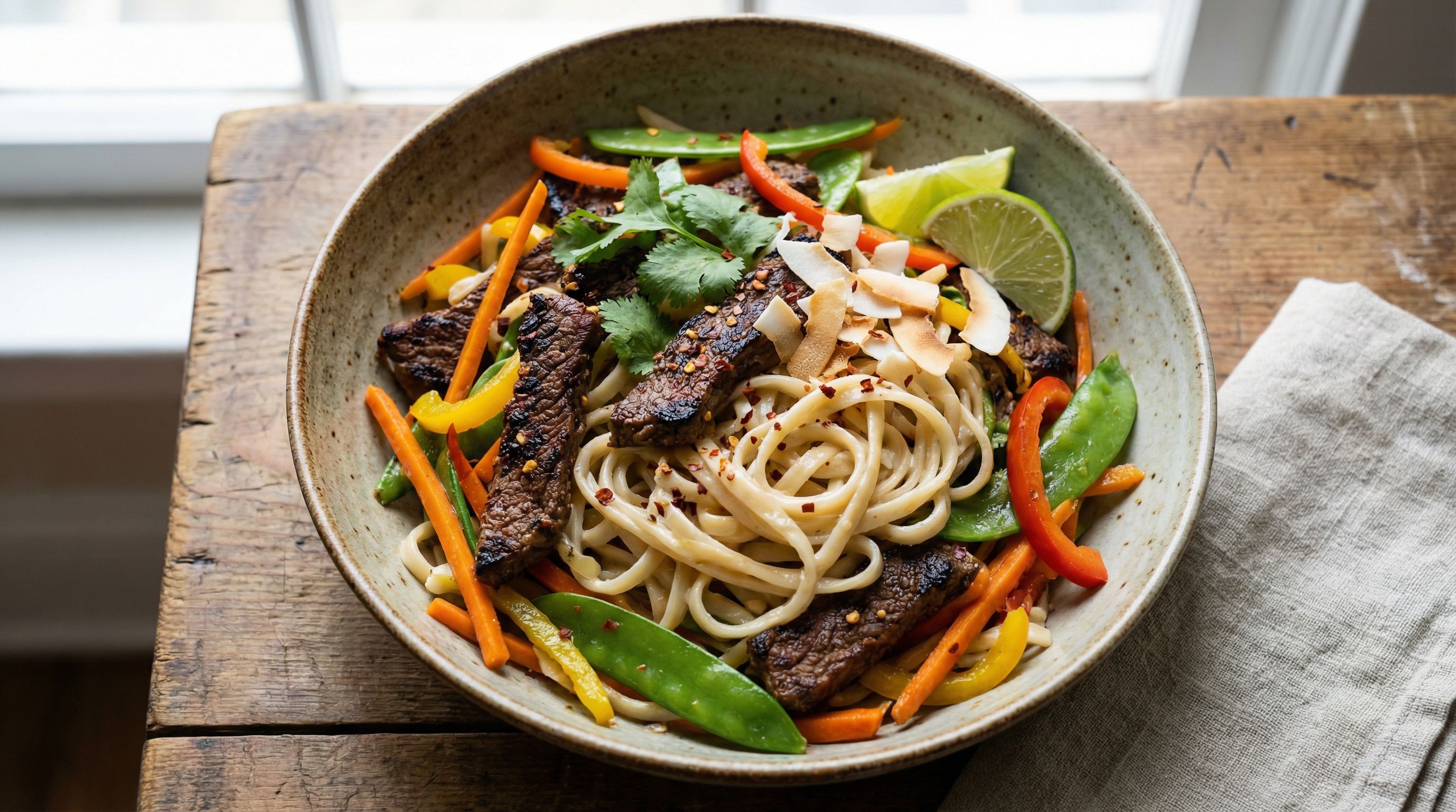 Krydret biffstrimler med lime-kokosnudler og sprø grønnsaker