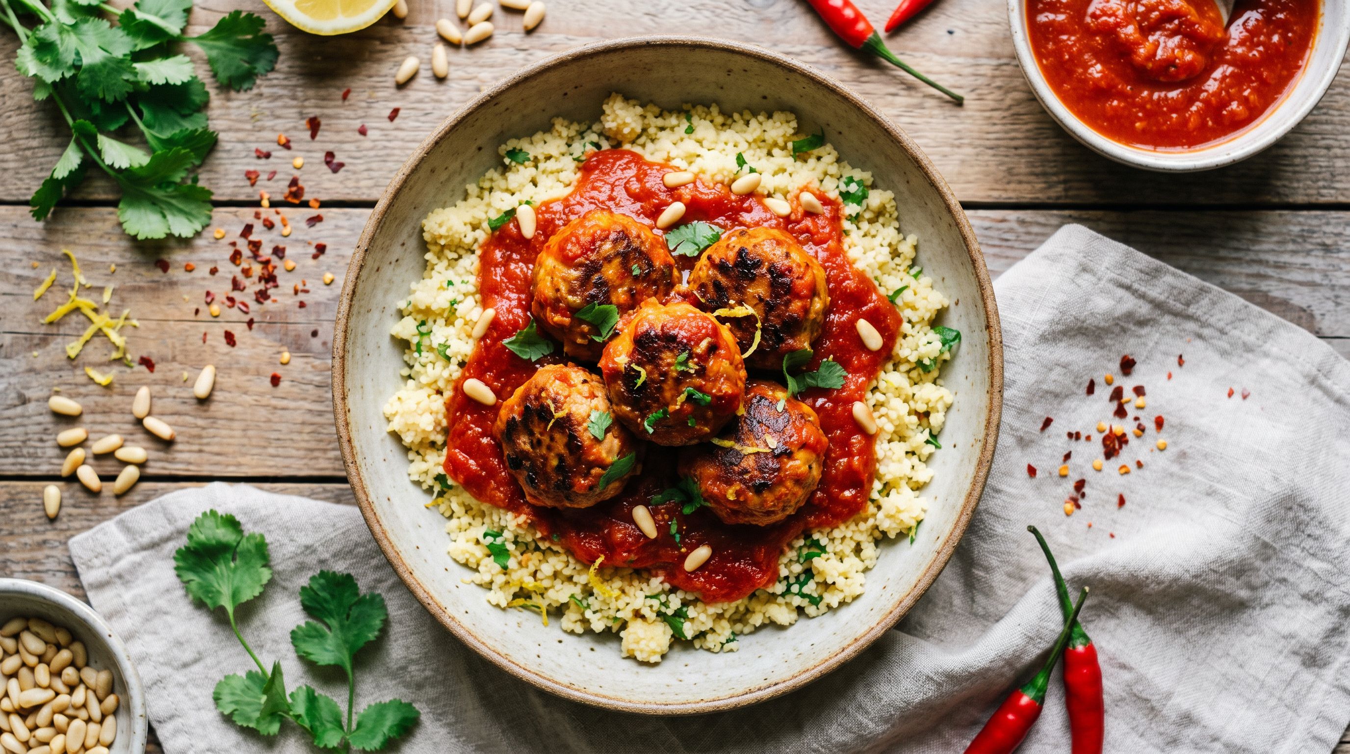Krydret kyllingboller i tomatsaus med sitron-koriander-couscous