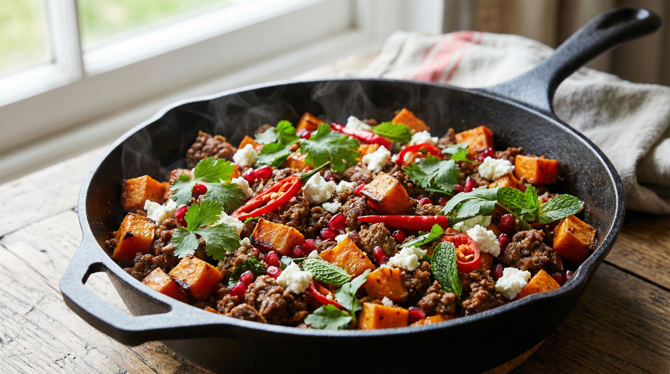 Krydret lammepanne med søtpotet og spinat