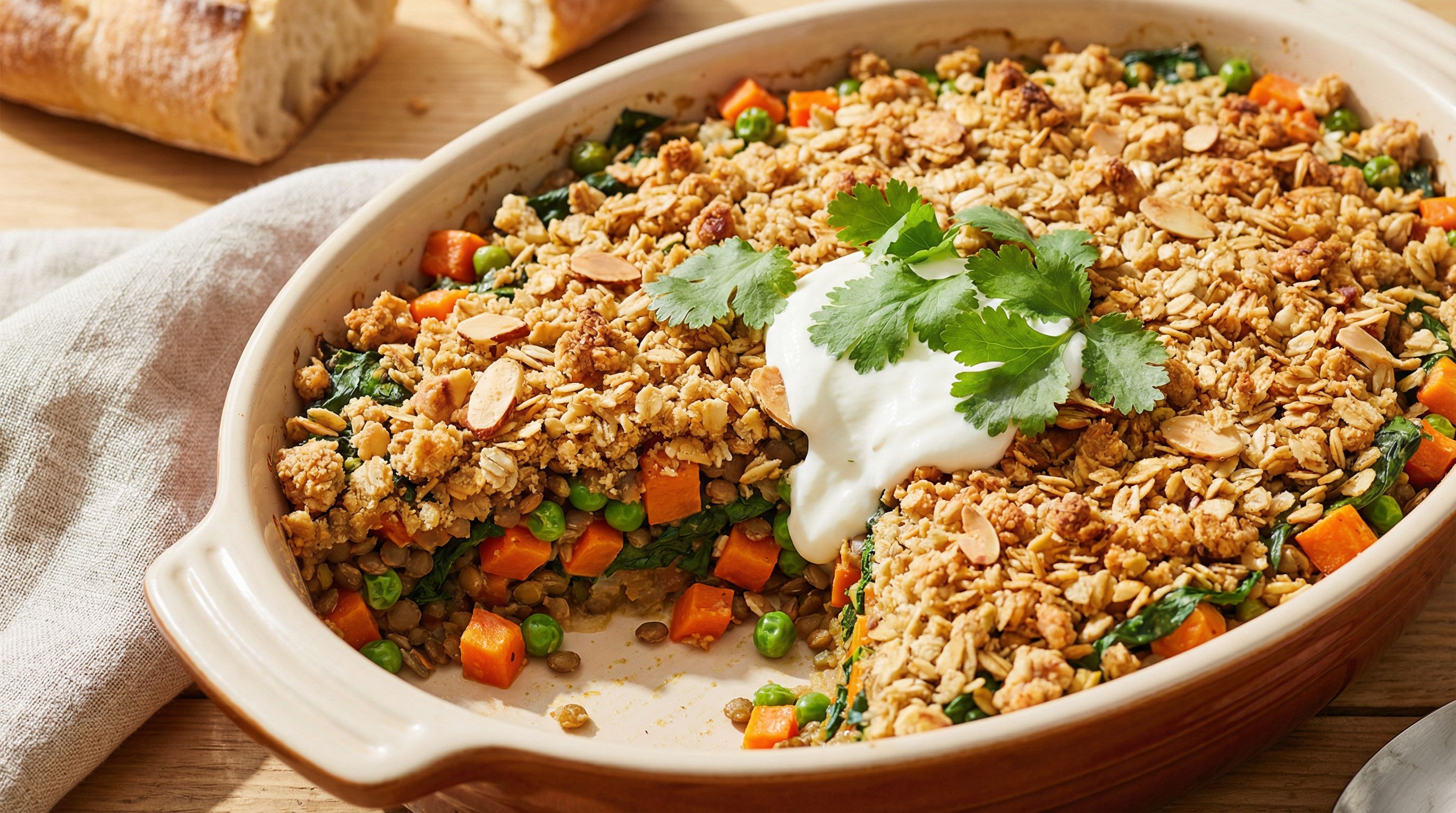 Krydret linse- og grønnsakspai med mandeltopping