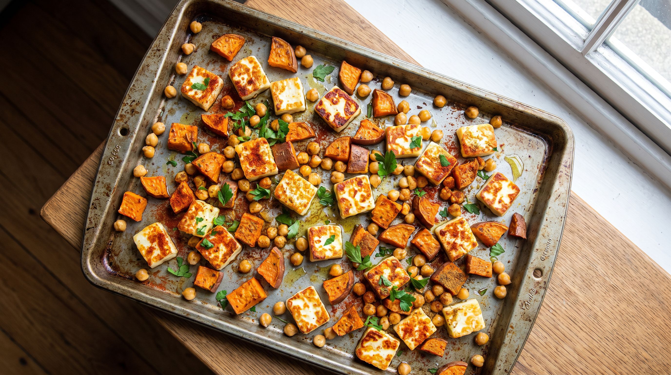 Krydret Ovnsbakt Halloumi med Ristet Søtpotet og Kikerter