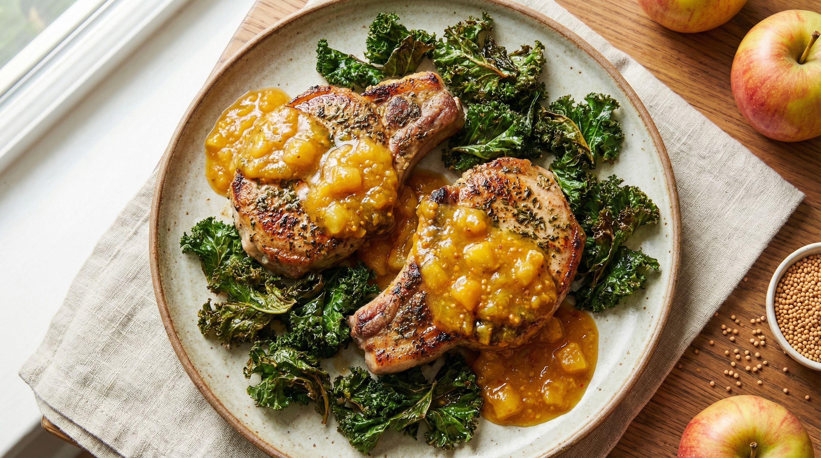 Krydret svinekoteletter med eple-sennepssaus og ristet grønnkål