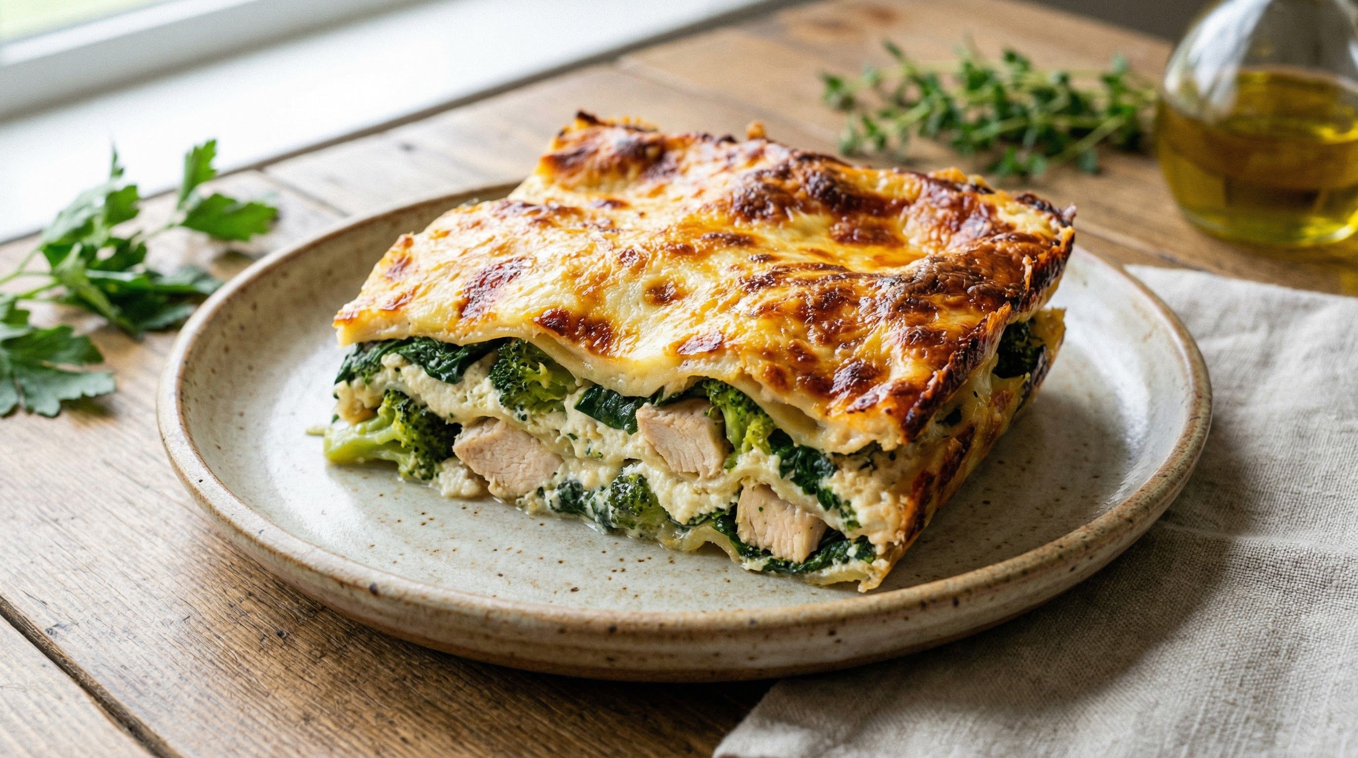 Kylling- og brokkolilasagne med ricotta og spinat