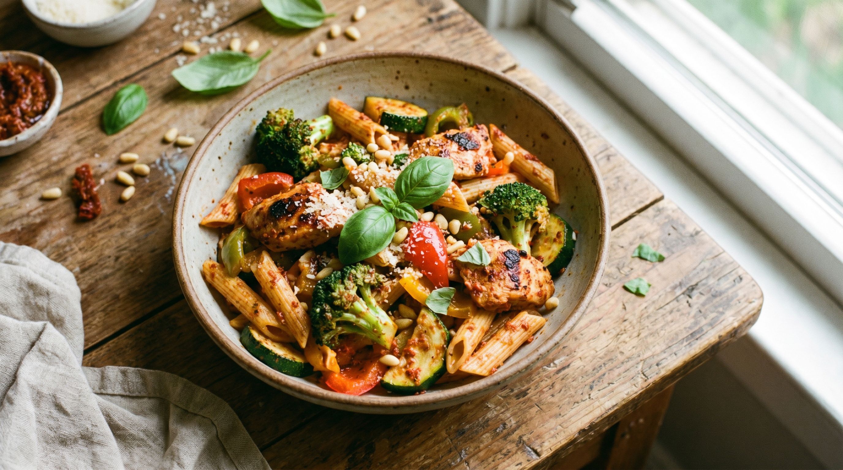 Kylling- og grønnsakspasta med soltørket tomatpesto