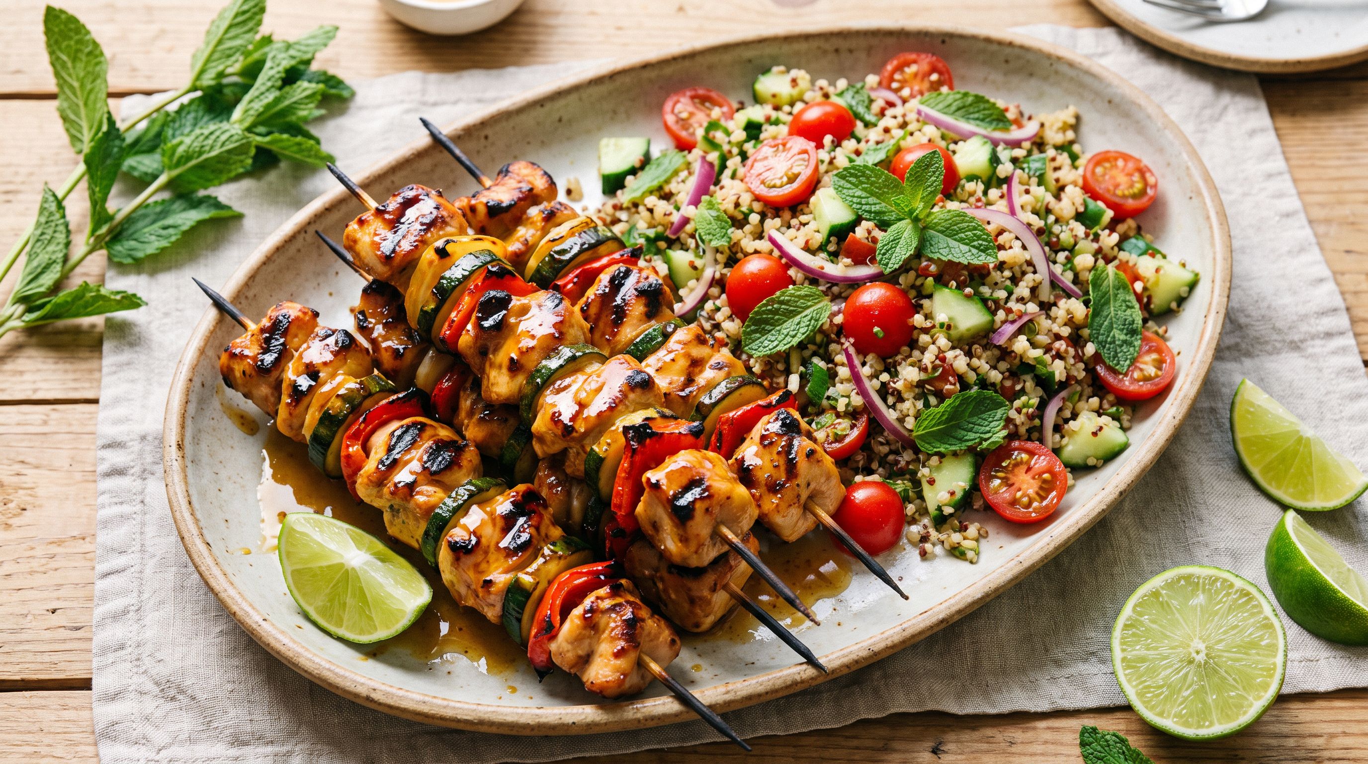 Kylling- og grønnsaksspyd med honning-limeglasur og quinoa-salat