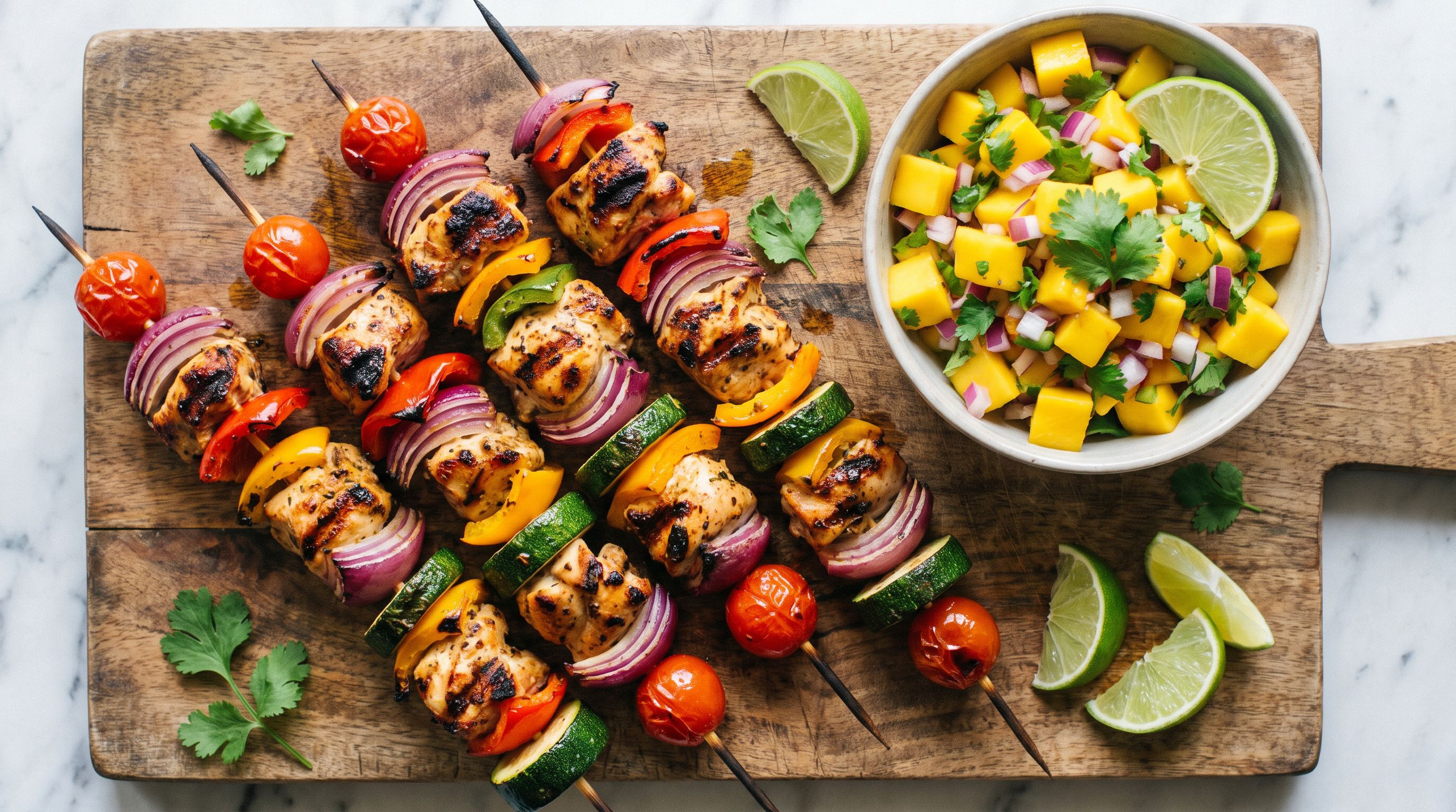 Kylling og grønnsaksspyd med mangosalsa