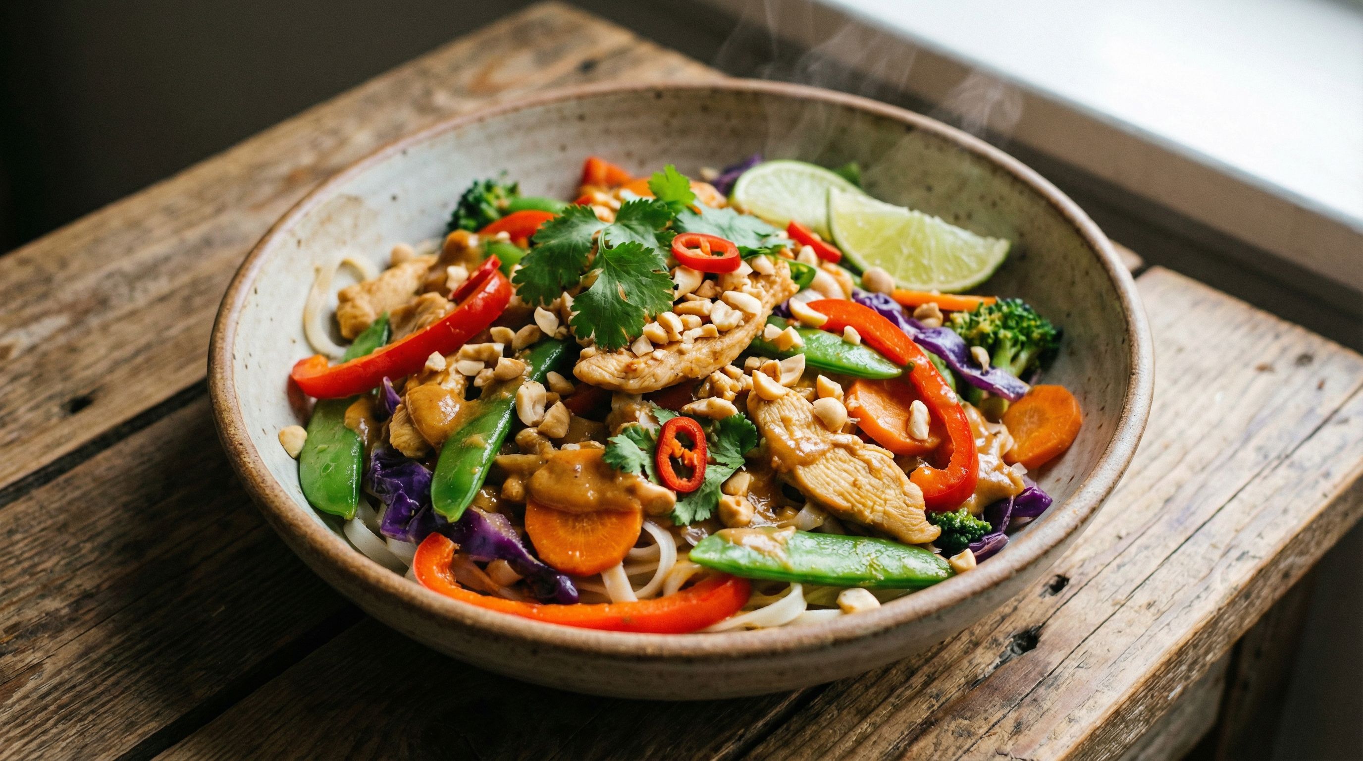 Kylling- og grønnsakswok med peanøttsaus og risnudler