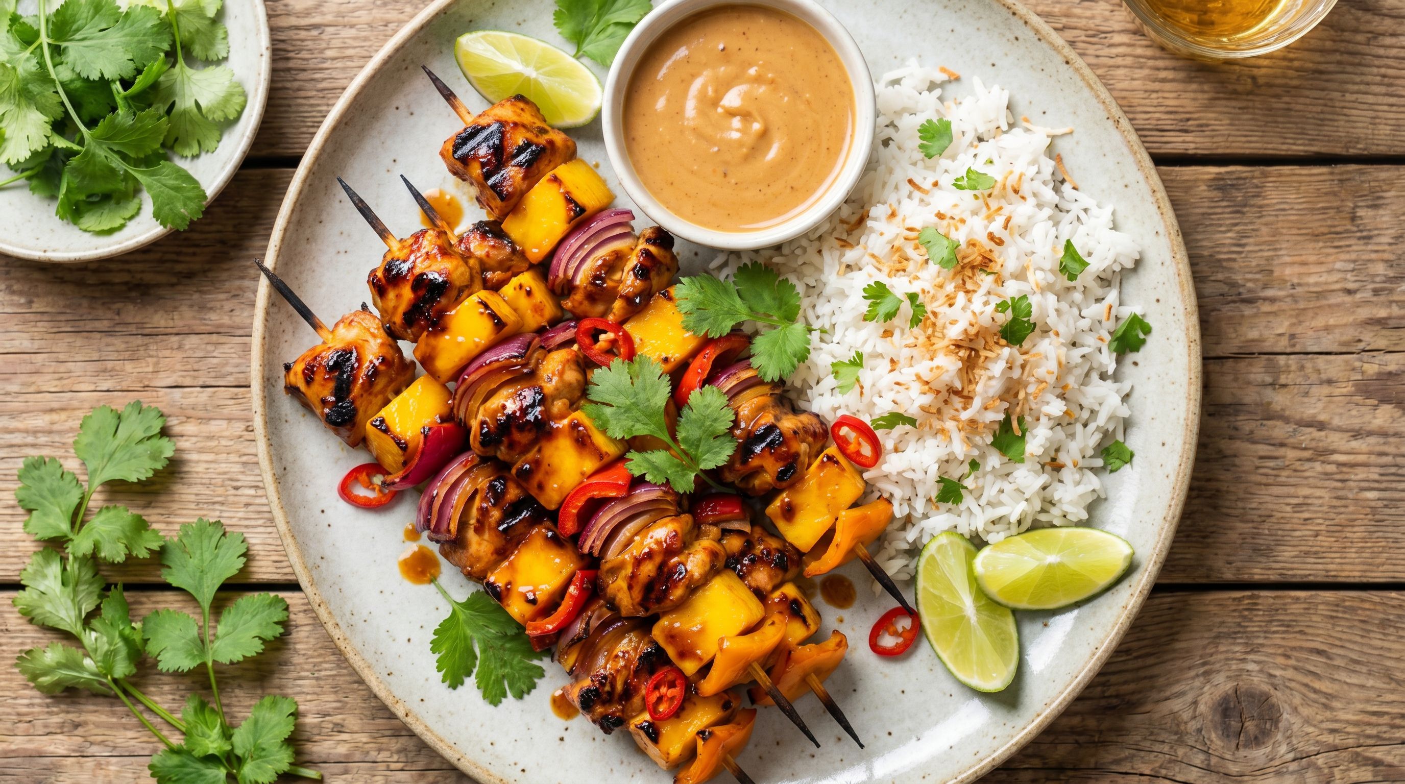 Kylling og mango-spyd med kokosris og peanøttsaus