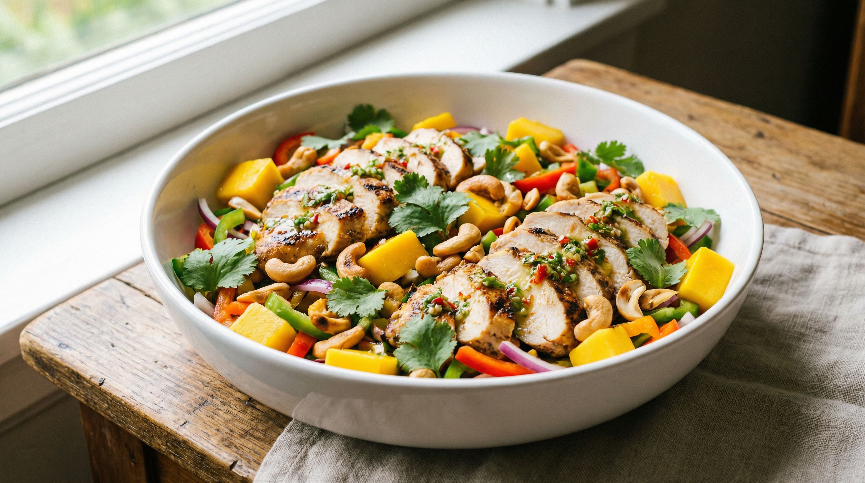 Kylling- og mangosalat med ristede cashewnøtter