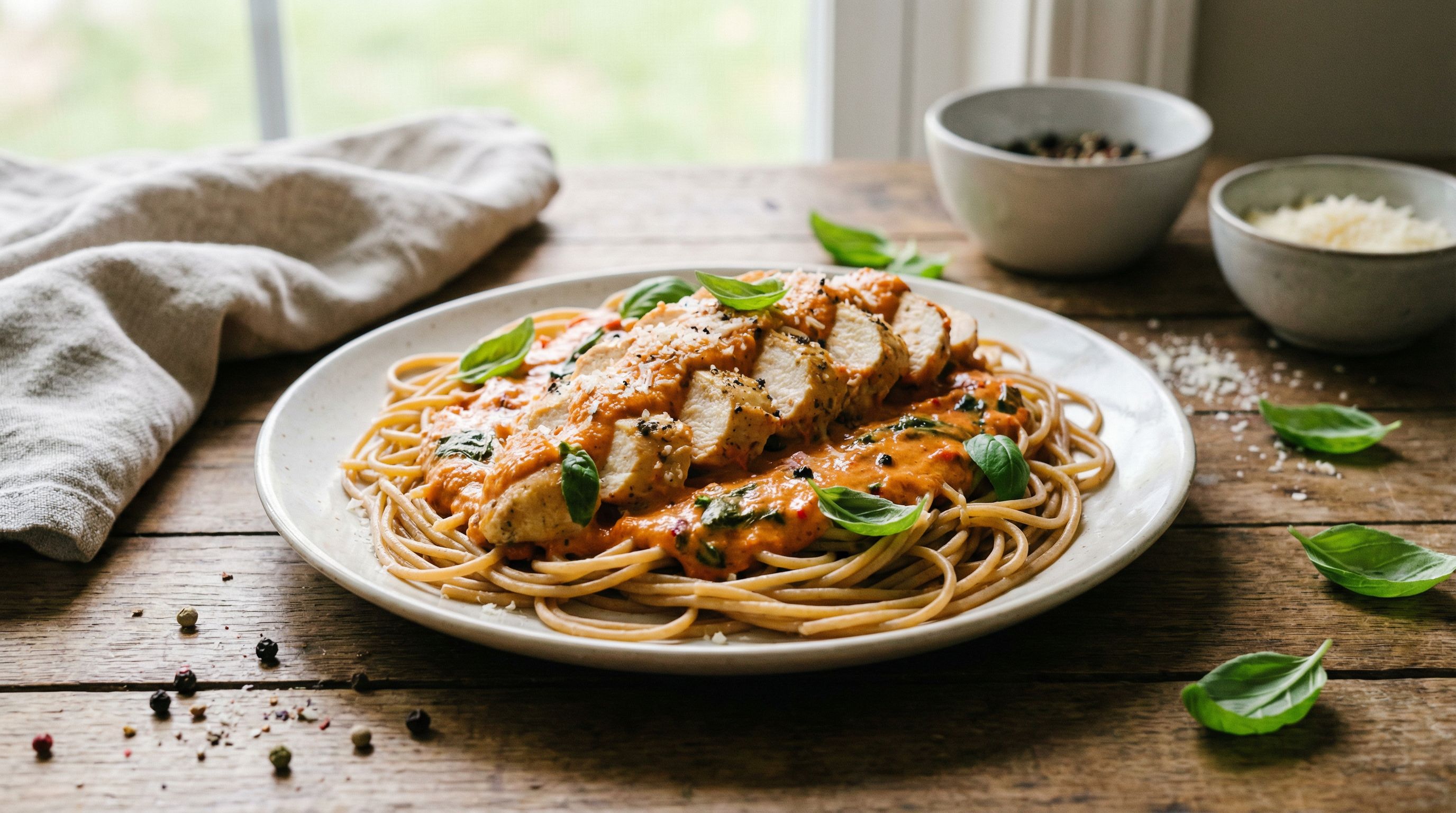 Kyllingfilet med kremet paprika- og basilikumsaus, servert med fullkornspasta