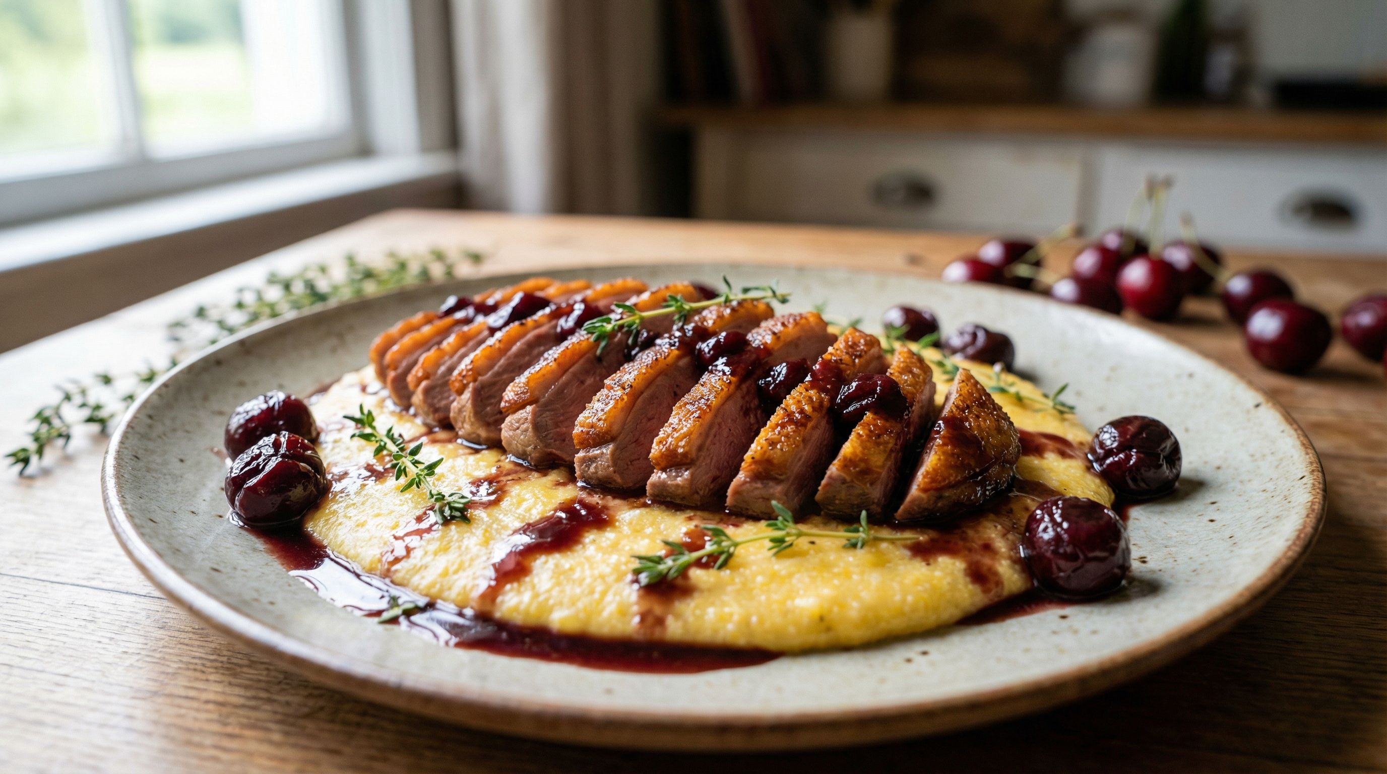 Lynstekte andebrystskiver med kirsebærsaus og kremet polenta