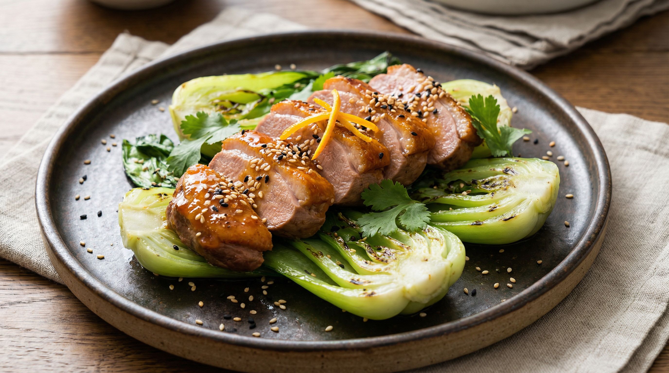 Lynrask andebryst med appelsin-ingefærglasur og sprø pak choy