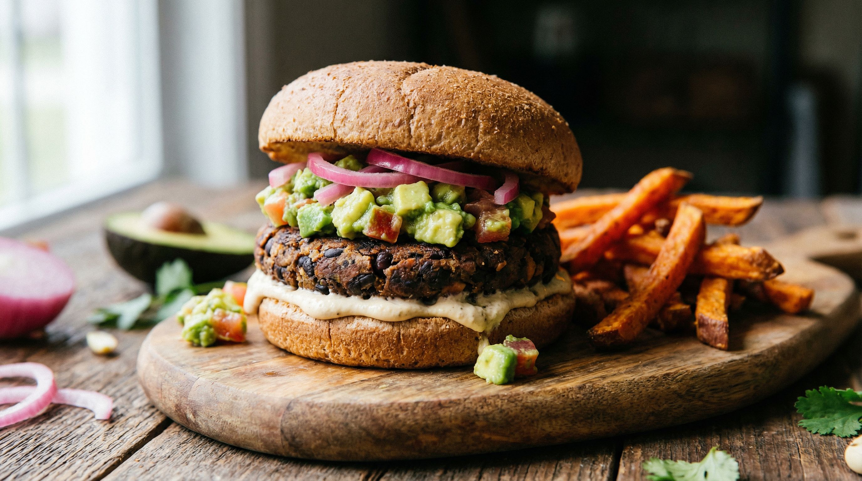 Lynrask bønneburger med avokadosalsa og søtpotetfries