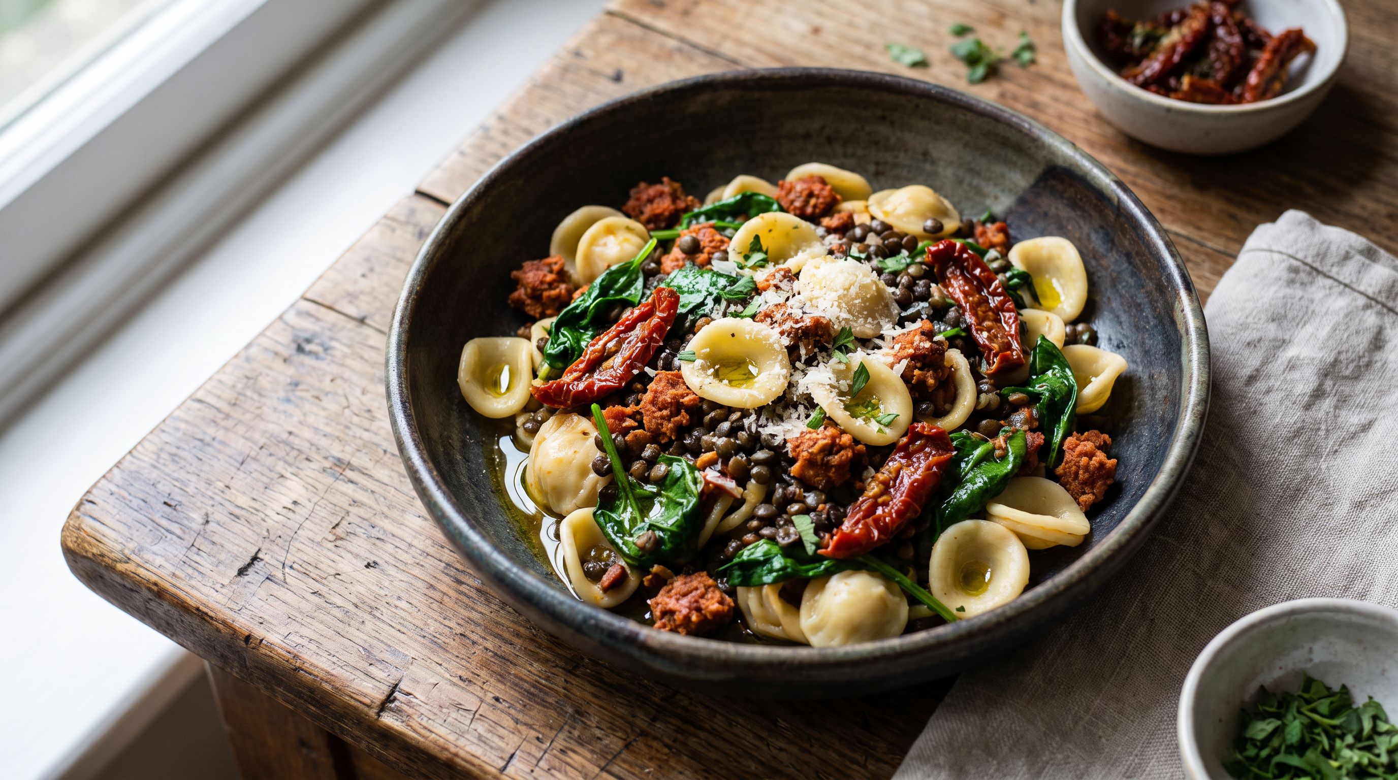 Lynrask Chorizo- og Linsepasta med Spinat og Soltørkede Tomater