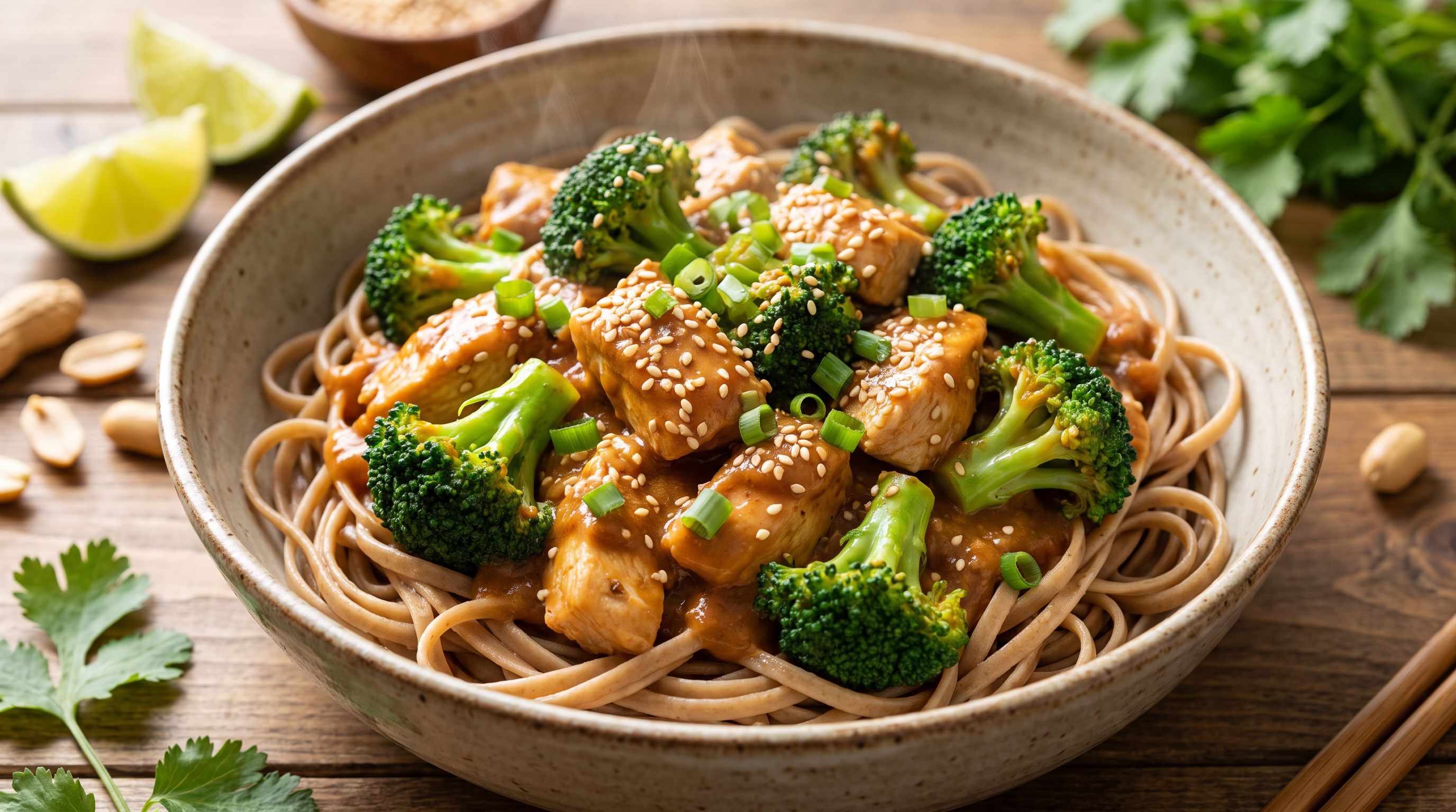 Lynrask kylling og brokkoli stir-fry med peanøttsaus