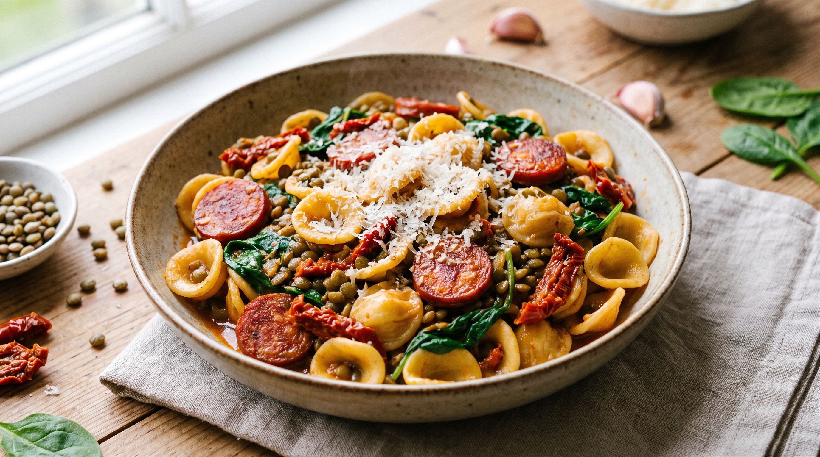 Lynraske Chorizo- og Linsepasta med Spinat og Soltørkede Tomater