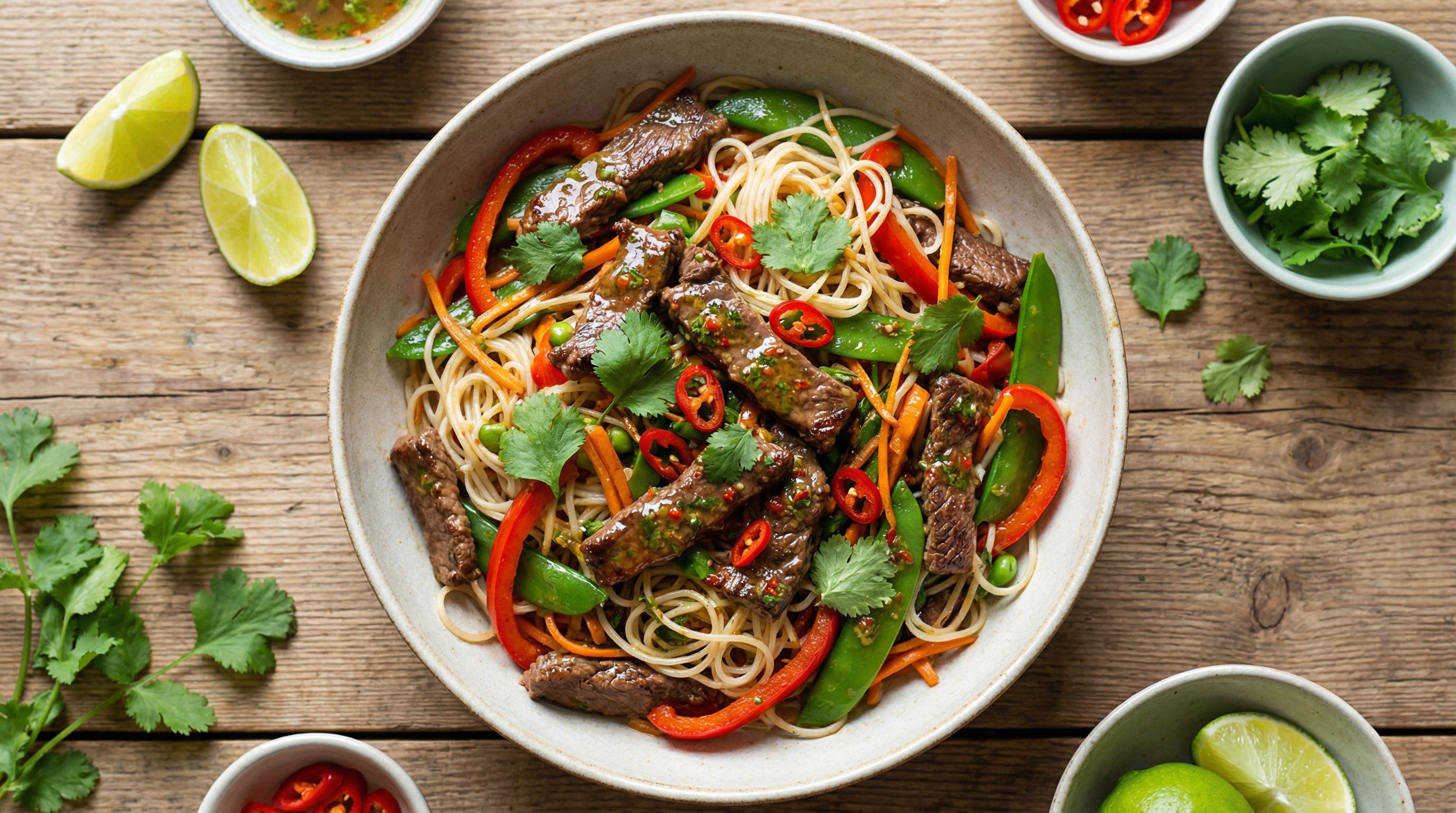 Lynstekt biffstrimler med lime-koriander-dressing og asiatiske nudler