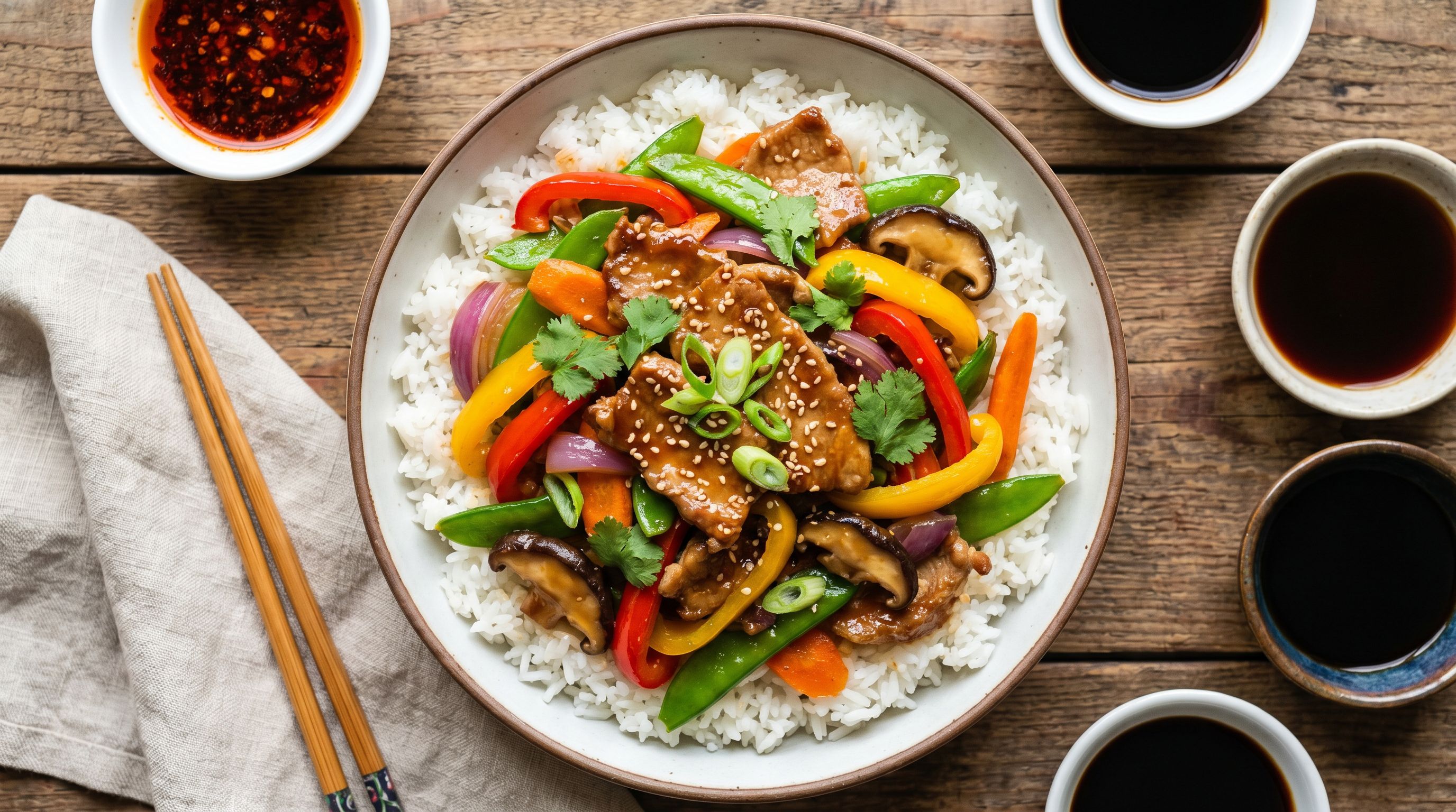 Lynstekt svinekjøtt med ingefær-sesamglasur og grønnsakswok