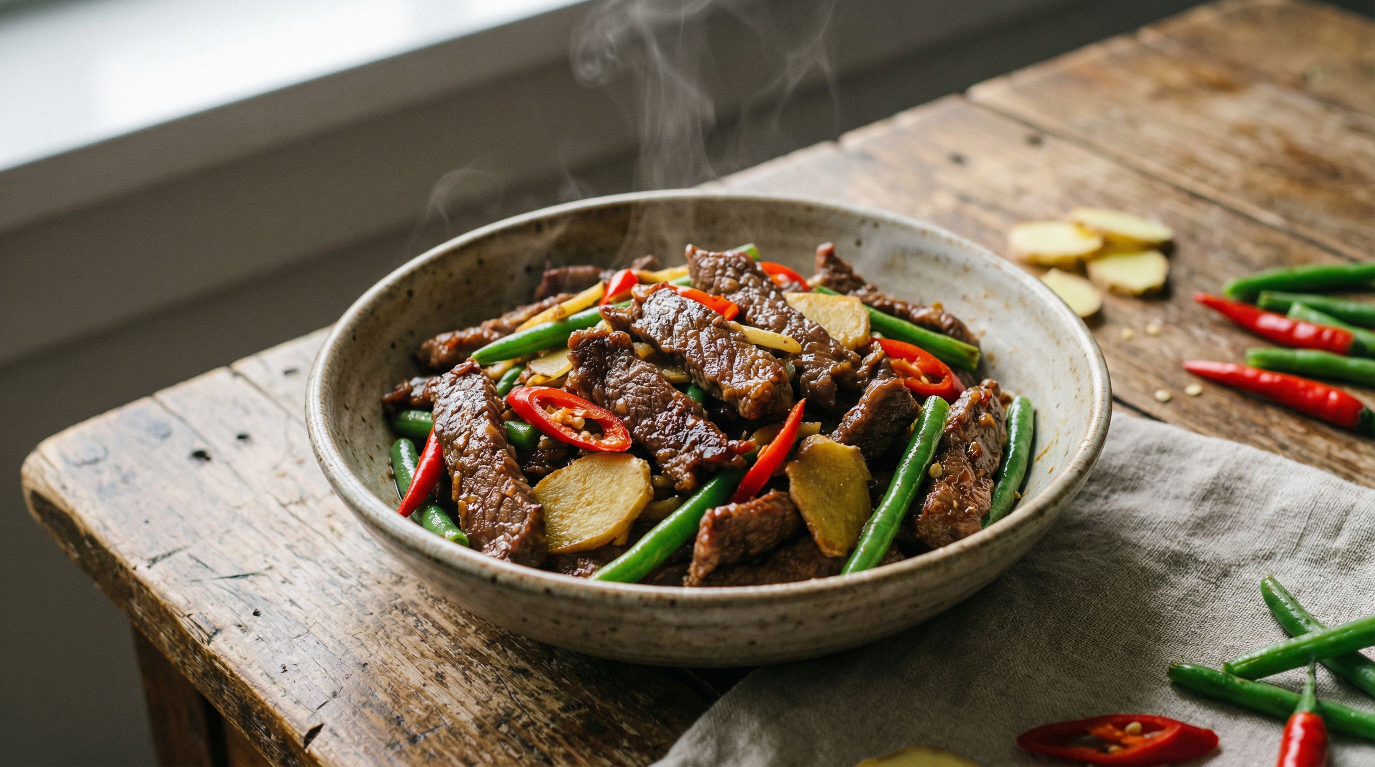 Lynstekt biff med ingefær-chili og grønne bønner